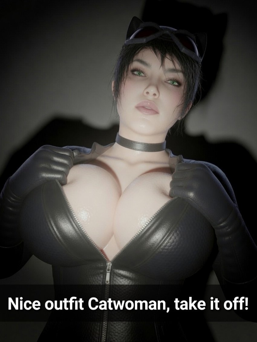 1girls, 2026, 3d, 3d (artwork), batman (series), big breasts, black hair, bodysuit, breasts, bursting breasts, bust portrait, cat ears, catwoman, choker, cleavage, collar, dc, dc comics, dxxpdxxp, female, green eyes, huge breasts, large breasts, light skin, light-skinned female, looking at viewer, massive breasts, seductive, seductive look, selina kyle, shiny, shiny breasts, shiny clothes, shiny skin, short hair, skin tight, text, thick breasts, thick lips, tight clothes, tight clothing, voluptuous, voluptuous female, zipper