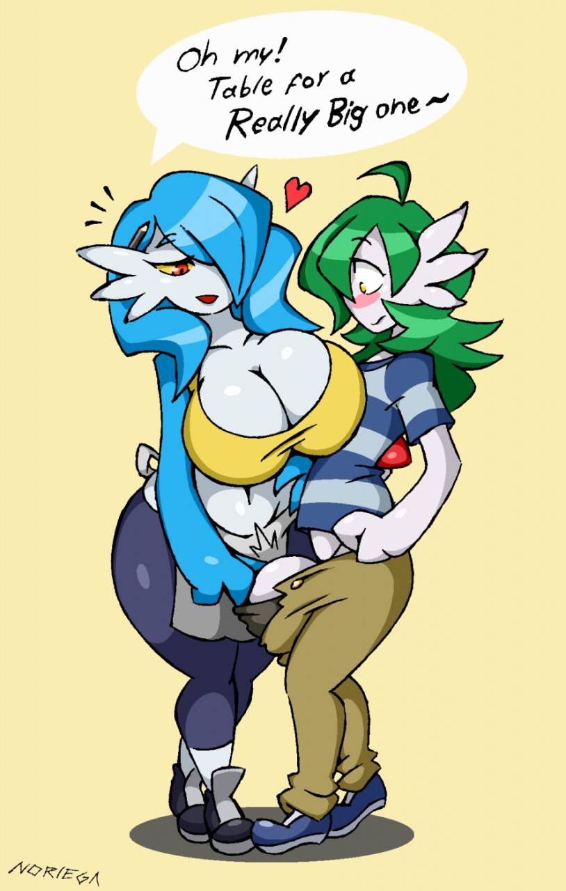 1boy 1girls assertive assertive_female blue_hair blush bottomwear breasts clothing dialogue english_text female female_pokemon gardevoir green_hair hair huge_breasts male male/female male_pokemon male_pokemon/female_pokemon nintendo noriega penis pokémon_(species) pokemon pokemon_(species) pokemon_rse red_eyes text topwear white_sclera yellow_eyes yellow_sclera