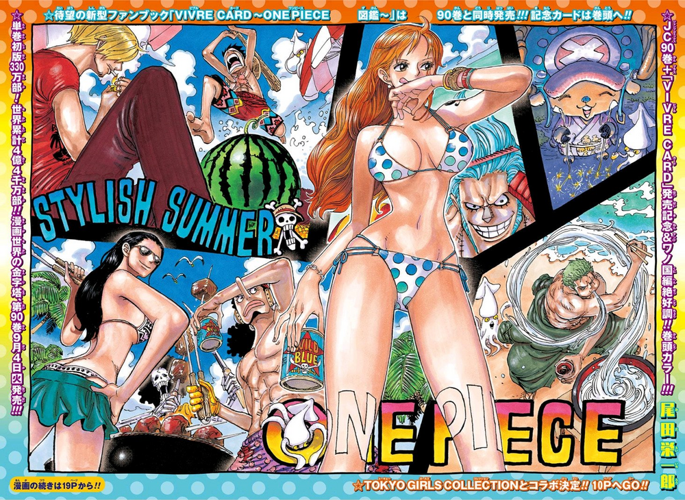 2girls 7boys afro ass big_breasts bikini bikini_bottom bikini_top black_hair blonde_hair blue_hair breasts brook_(one_piece) cigarette female female_focus franky_(one_piece) green_hair grill long_hair male monkey_d_luffy nami nami_(one_piece) nico_robin oda_eiichirou official_art one_piece orange_hair palm_tree polka_dot_bikini post-timeskip roronoa_zoro scar shirtless shirtless_male skeleton sunglasses swimsuit tattoo tinted_eyewear tony_tony_chopper usopp vinsmoke_sanji watermelon