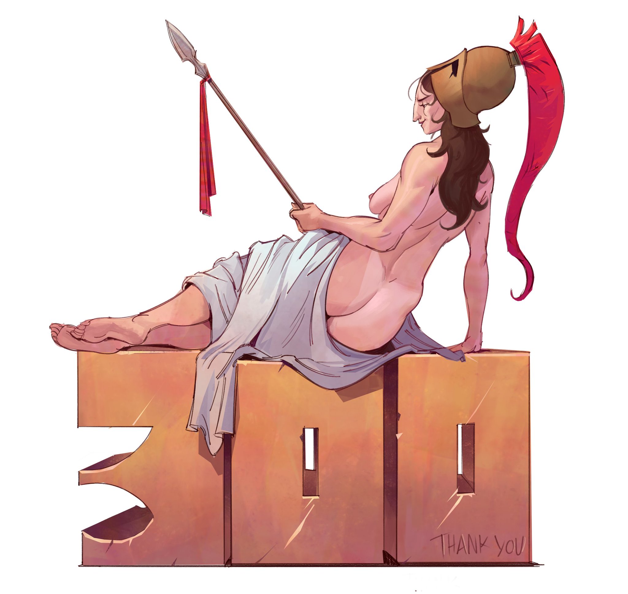 1girls, arms, ass, ass crack, back view, bare arms, bare ass, bare back, bare breasts, bare shoulders, barefoot, big ass, big nose, breasts, brown hair, brunette, brunette female, brunette hair, butt, butt crack, commissions open, corinthian helmet, drapery (clothing), eo dethales, feet, feet together, female, female only, follower celebration, foot, greek armor, greek female, greek helmet, greek nose, helmet, helmet only, human, human only, laying, laying on side, light skin, light skinned female, light-skinned female, medium breasts, nice ass, nipples, no bra, no panties, nonsexual, nonsexual nudity, nose, nude, nude female, roman helmet, roman nose, shoulders, side view, solo, solo female, spear, tasteful nudity, toned, toned female, twitter link, wavy hair