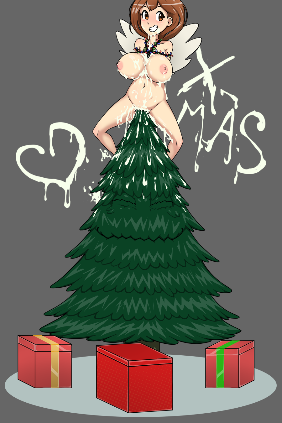 after_sex big_breasts breasts brown_eyes brown_hair christmas christmas_tree cum_drip cum_dripping_down_chin cum_in_pussy cum_on_body cum_on_breasts cum_on_face gift huge_breasts large_breasts lola_(sketchwork) messy naked naked_female nude nude_female present sketchwork tree vaginal_penetration