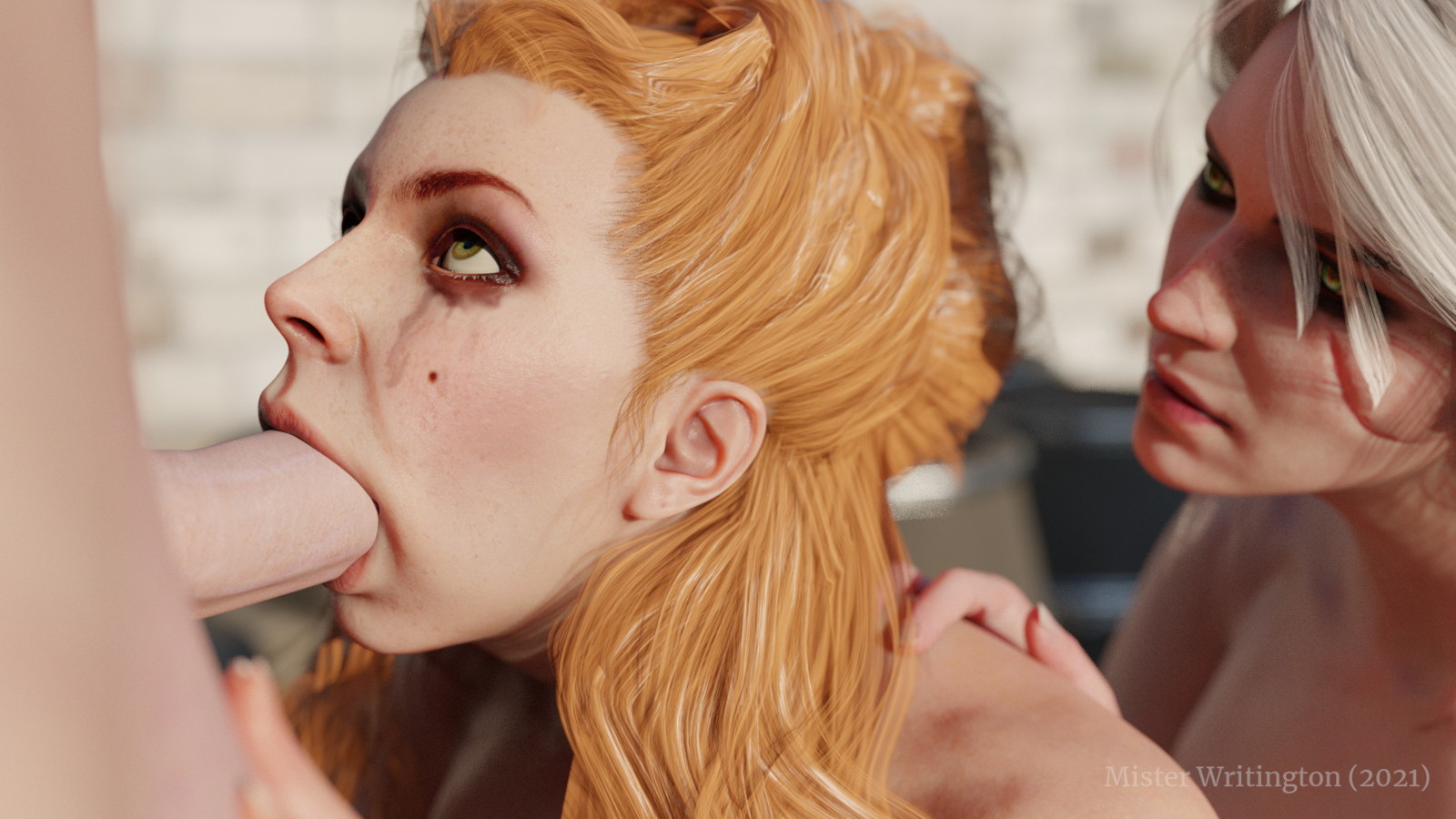3d, anna henrietta, blender, blender (software), blonde hair, blowjob, breasts, cd projekt red, ciri, collaborative fellatio, crying, deep blowjob, eye contact, eyeshadow, female, female focus, geralt of rivia, ginger, ginger hair, green eyes, kneeling, male, mascara, medium breasts, mister writington, naked, oral, orange hair, royalty, ruined makeup, running mascara, runny makeup, the witcher (series), the witcher 3: blood and wine, the witcher 3: wild hunt, throat bulge, topless, topless female, white hair