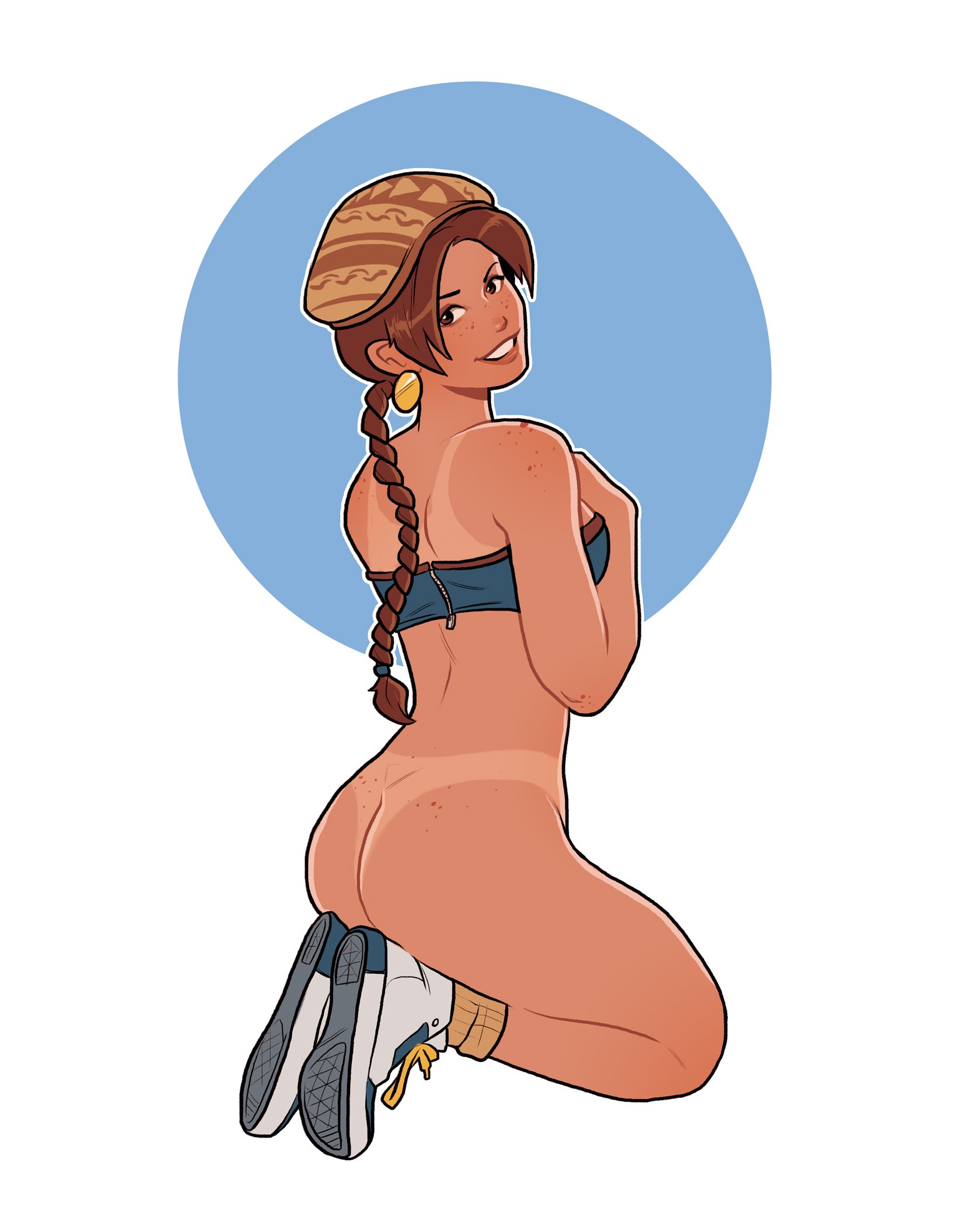 1girls, aubrey (sea legs), bottomless, braid, braided ponytail, brown eyes, brown hair, female, freckles, from behind, hat, kneeling, long hair, looking at viewer, looking back, numitor, on knees, sea legs, simple background, smile, sneakers, solo, tanline