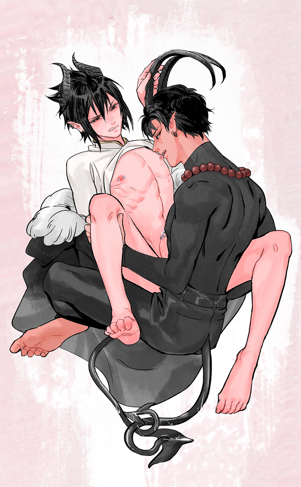 2boys barefoot black_hair bottomless chomai clothed_sex crossed_legs demon_horns gay horn_grab implied_penetration long_hair male male/male male_penetrating naruto naruto_(series) naruto_shippuden nipple_biting nipple_piercing partially_clothed penis_piercing piercing sasuke_uchiha sex shirt shirt_lift short_hair tail_wrap toe_scrunch uchiha_shisui yaoi