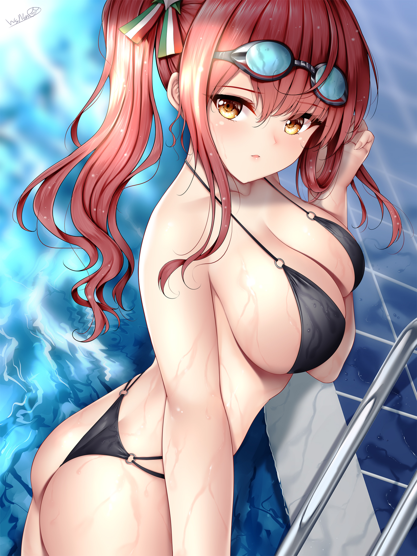 1girls, ass, ass crack, azur lane, bikini, black bikini, breasts, butt crack, cleavage, closed mouth, cowboy shot, dutch angle, eyebrows visible through hair, female, goggles, goggles on head, highres, italian flag, large breasts, long hair, multi-strapped bikini, o-ring, o-ring bikini, pool ladder, poolside, red hair, side ponytail, solo, swimsuit, tile floor, tiles, water, wsman, yellow eyes, zara (azur lane), zara (poolside coincidence) (azur lane)