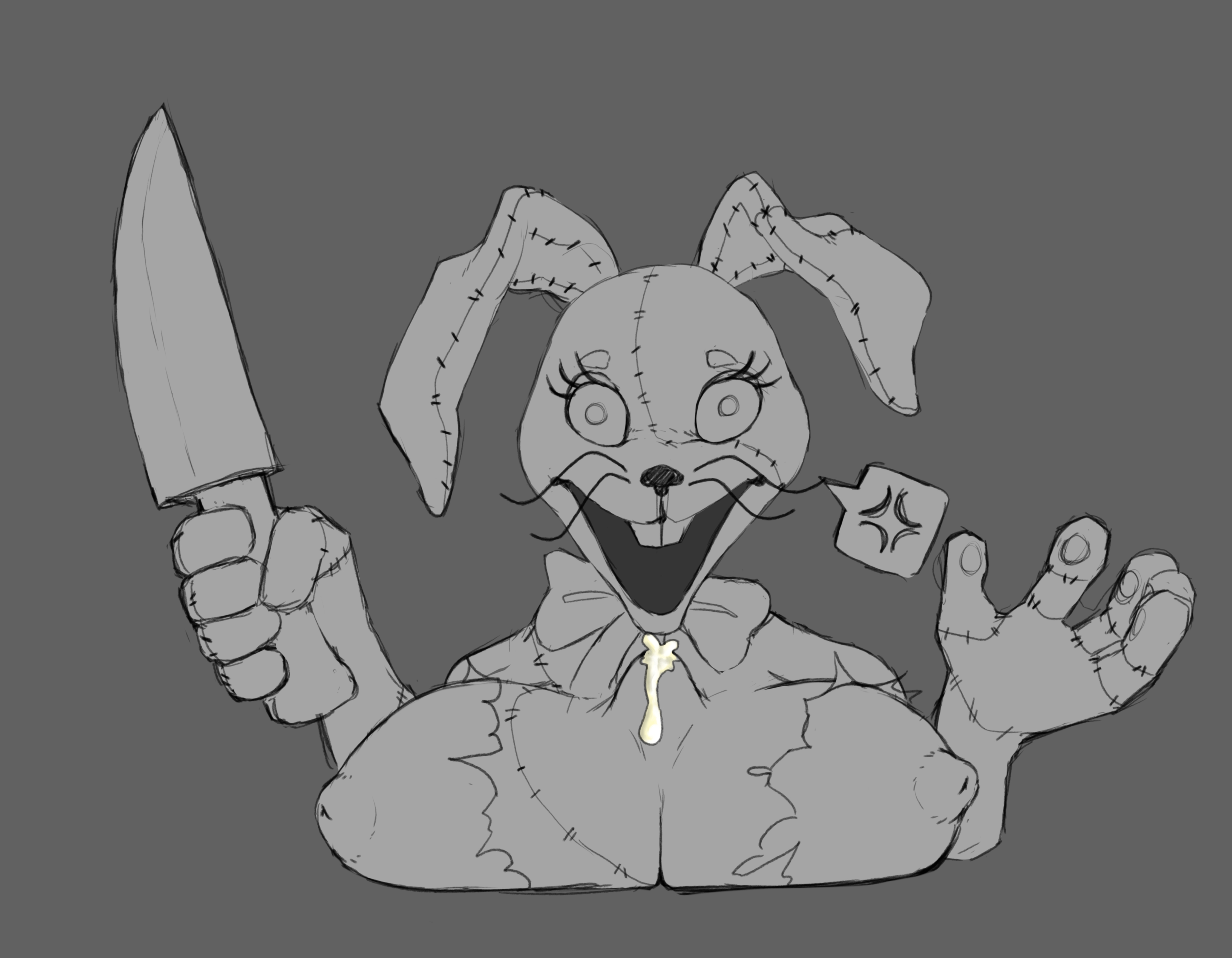 angry, big breasts, boobjob, breasts, bunny girl, bunnysuit, cum, cum through clothes, female, five nights at freddy's, five nights at freddy's: security breach, knife, monochrome, nipples, outercourse, paizuri, paizuri under clothes, rawhell, ripped clothing, straight, vanny (fnaf)