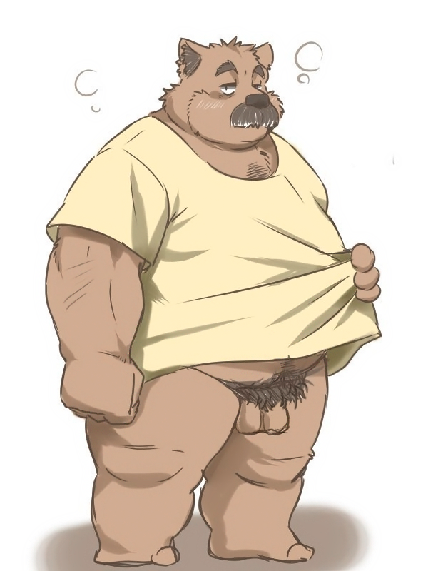 2016 3:4 anthro balls brown_body clothing edit facial_hair flaccid genitals humanoid_genitalia humanoid_hands humanoid_penis inunoshippo kemono male mammal mature_male morbidly_obese moustache obese obese_male overweight overweight_male penis pubes shirt simple_background solo topwear uncensored ursid white_background