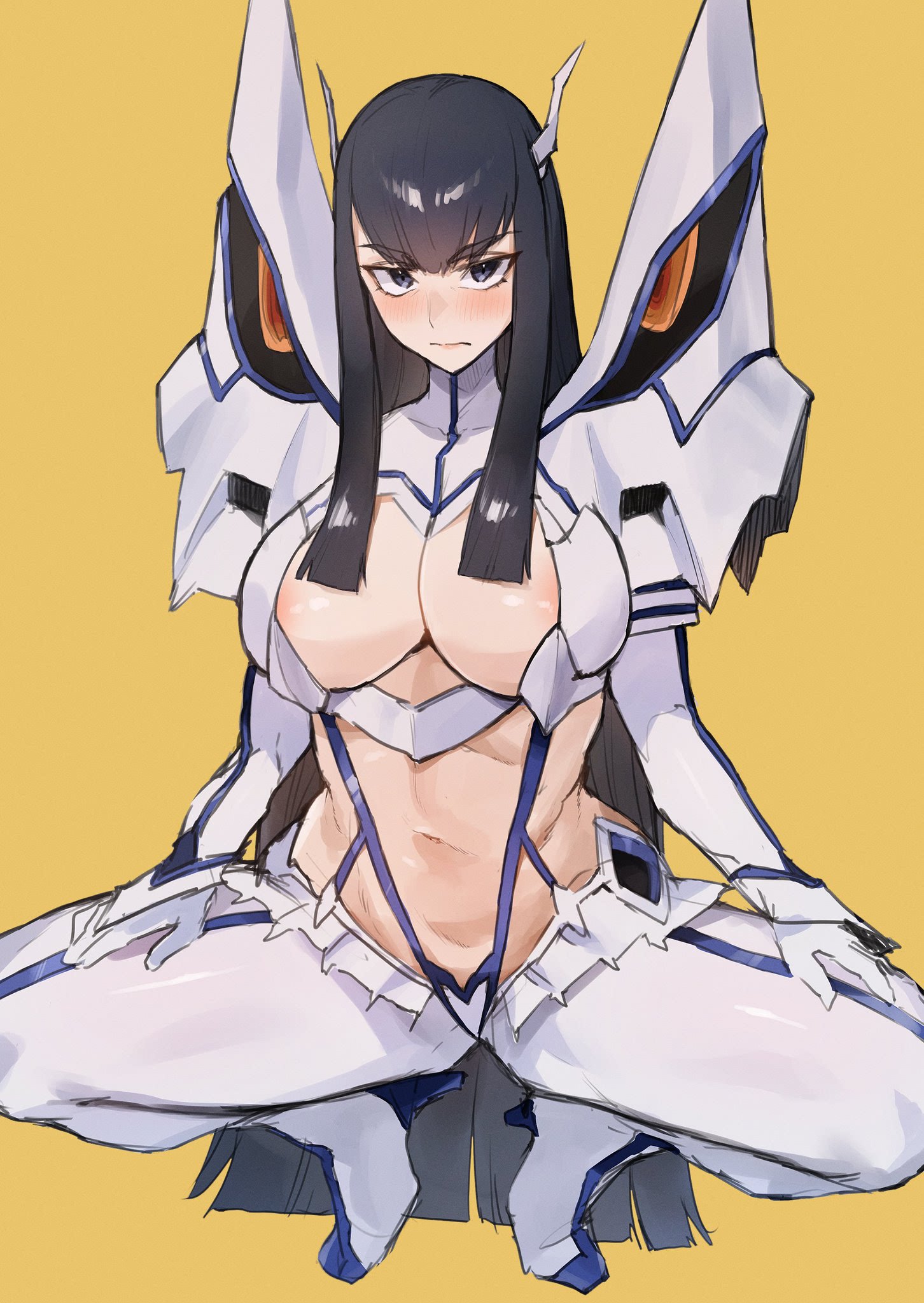 1girls, 2020s, 2023, 2d, 2d (artwork), black hair, black-haired female, breasts, cleavage, cleavage cutout, curvy, eyelashes, fanart, female, female focus, female only, junketsu, kataku musou, kill la kill, kiryuuin satsuki, light skin, light-skinned female, lips, lipstick, long hair, looking at viewer, pussy, squatting, thick thighs, thighs, vagina, vagina visible through clothing, very long hair, yellow background