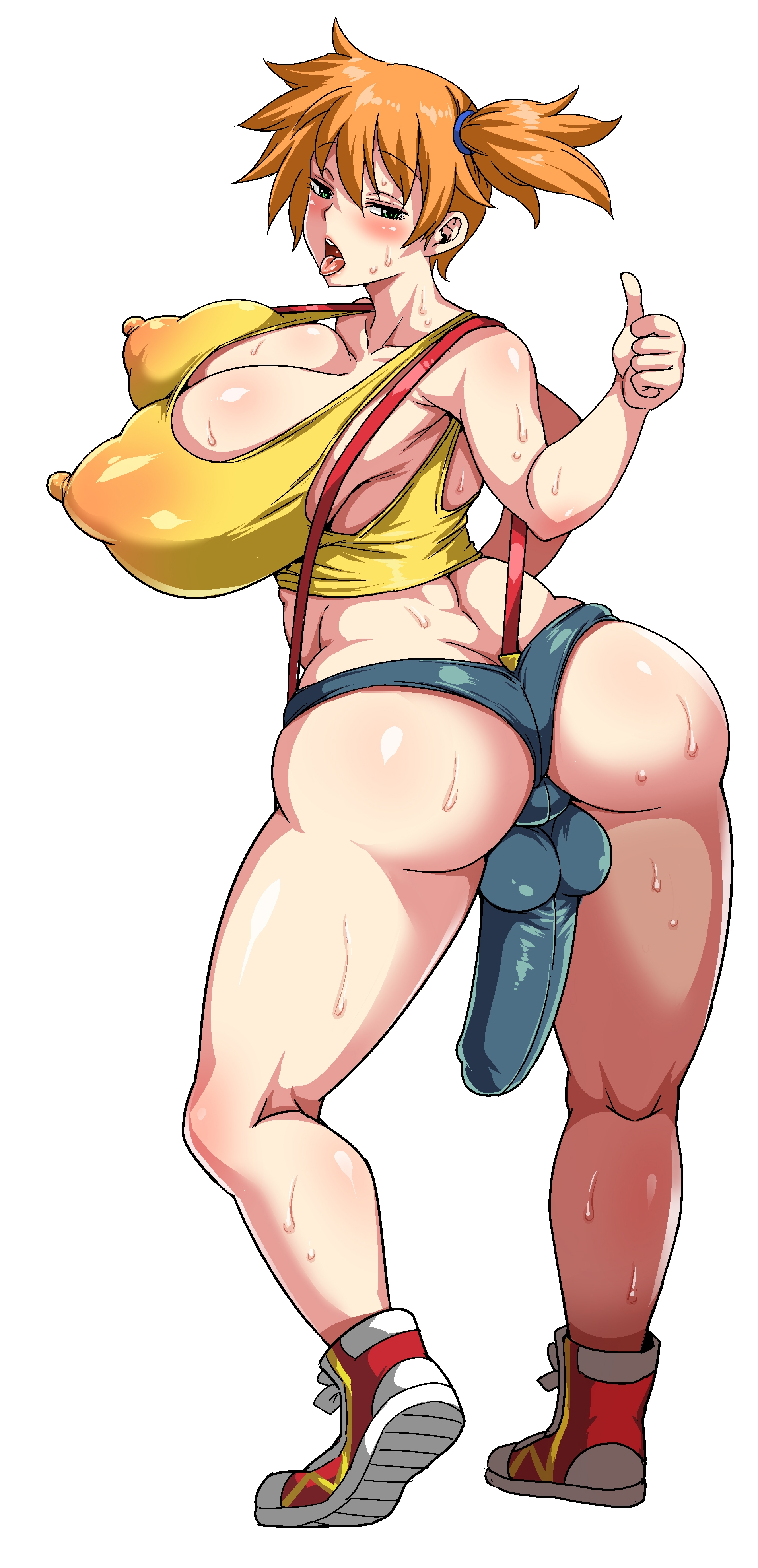 1futa, adapted costume, alternate breast size, armpits, ass, asymmetrical hair, back, back view, bare legs, big breasts, big penis, blush, breasts, clothed, clothing, cock sleeve (clothes), denim, denim shorts, erection, erection under clothes, female, footwear, full-package futa, futa only, futanari, gen 1 pokemon, genitalwear, green eyes, gym leader, high resolution, huge breasts, huge cock, human, intersex, kasumi (pokemon), large breasts, large penis, legs, light skin, light-skinned futa, looking at viewer, looking back, musashino sekai, nintendo, nipples, nipples visible through clothing, orange hair, pale skin, partially clothed, penis, pokemon, pokemon rgby, ponytail, shirt, shoes, short hair, short shorts, shorts, side ponytail, smile, sneakers, solo, standing, suspenders, sweat, sweatdrop, tank top, thick thighs, thighs, tied hair, tongue, tongue out, very high resolution, wet, wide hips, yellow shirt, yellow tank top