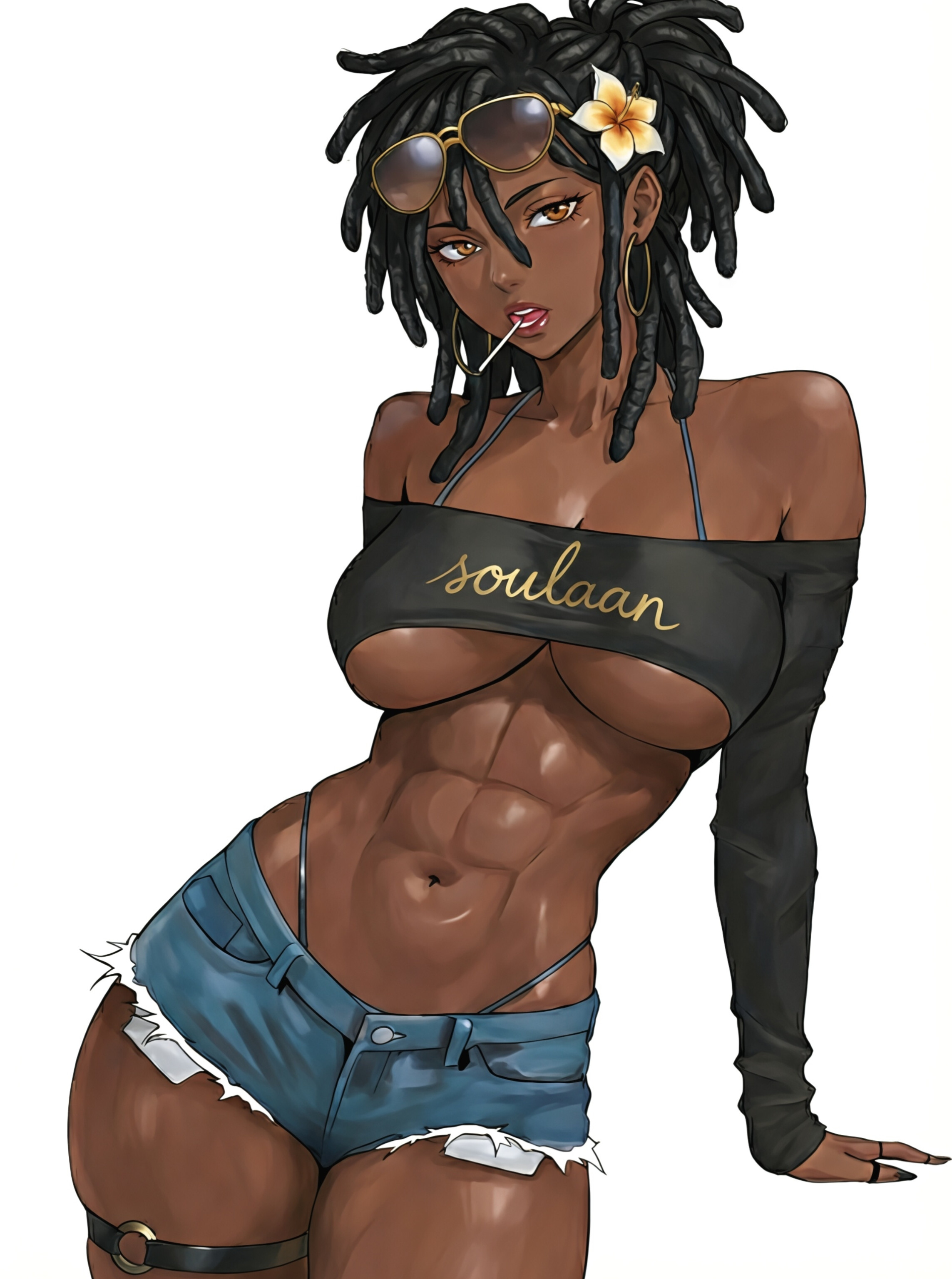 1girls, african american, african female, ai generated, big breasts, black hair, black woman, brown eyes, crop top, dark skin, dark-skinned female, dreadlocks, earrings, female, female only, flower, flower in hair, hair in bun, hoop earrings, jeans, looking at viewer, original, original character, shorts, solo, solo female, sunglasses, sunglasses on head, thighs, thong, underboob, whale tail