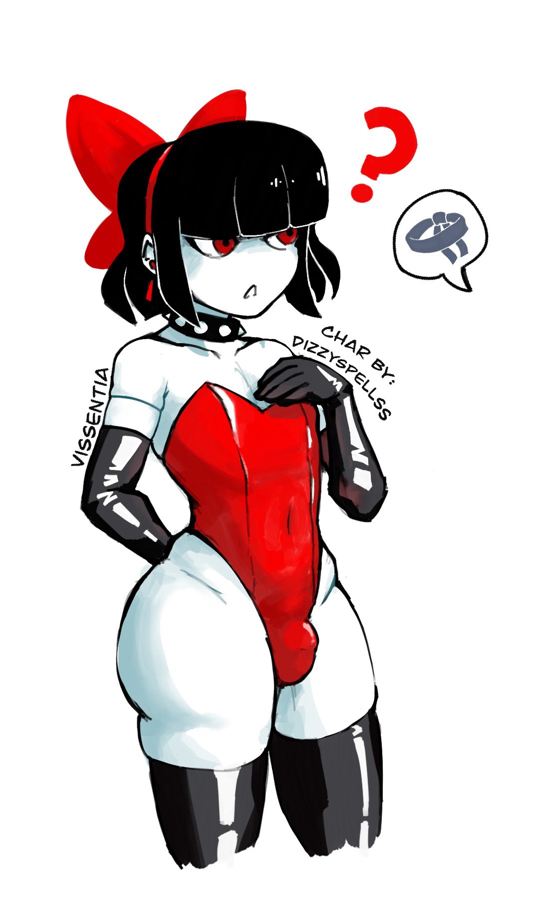 1boy, bangs, bow, bunnysuit, elbow gloves, femboy, latex, legs, leotard, male, male only, red eyes, scythe (dizzyspells), standing, thighhighs, vissentia, white skin, wide hips