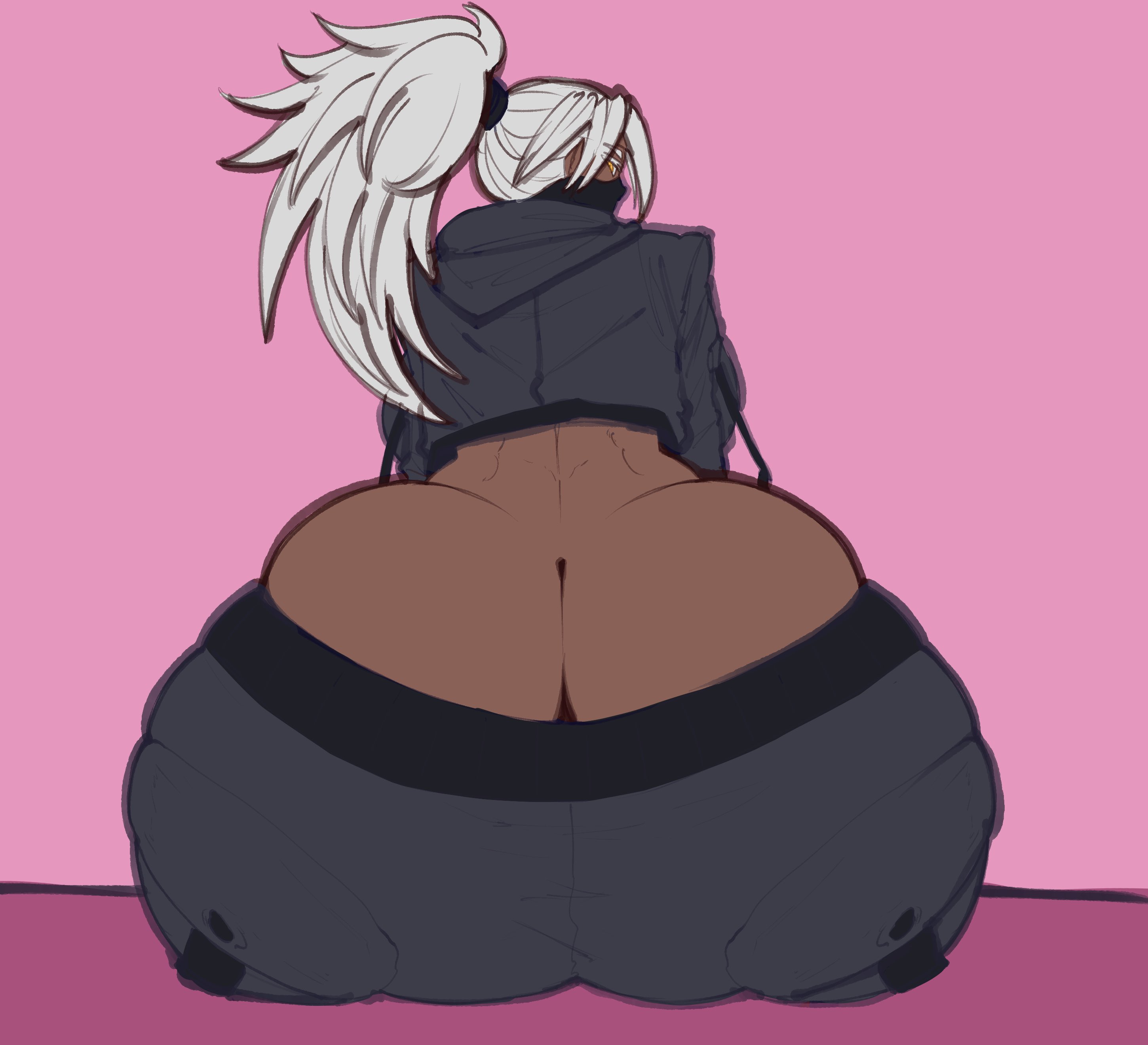 1girls, big ass, big breasts, fuku (humble shark), huge ass, humble shark, looking at viewer, masked, masked female, original, original character, ponytail, white hair