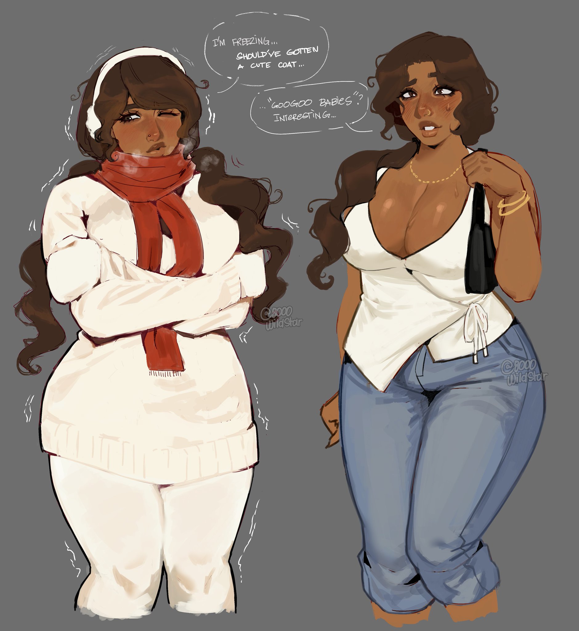 1girls, 8000wildstar, aishwarya (8000wildstar), big breasts, blush, blushing, bracelets, breath cloud, brown eyes, brown hair, cleavage, cold, dark skin, dark-skinned female, english, english text, female, jeans, large breasts, necklace, ponytail