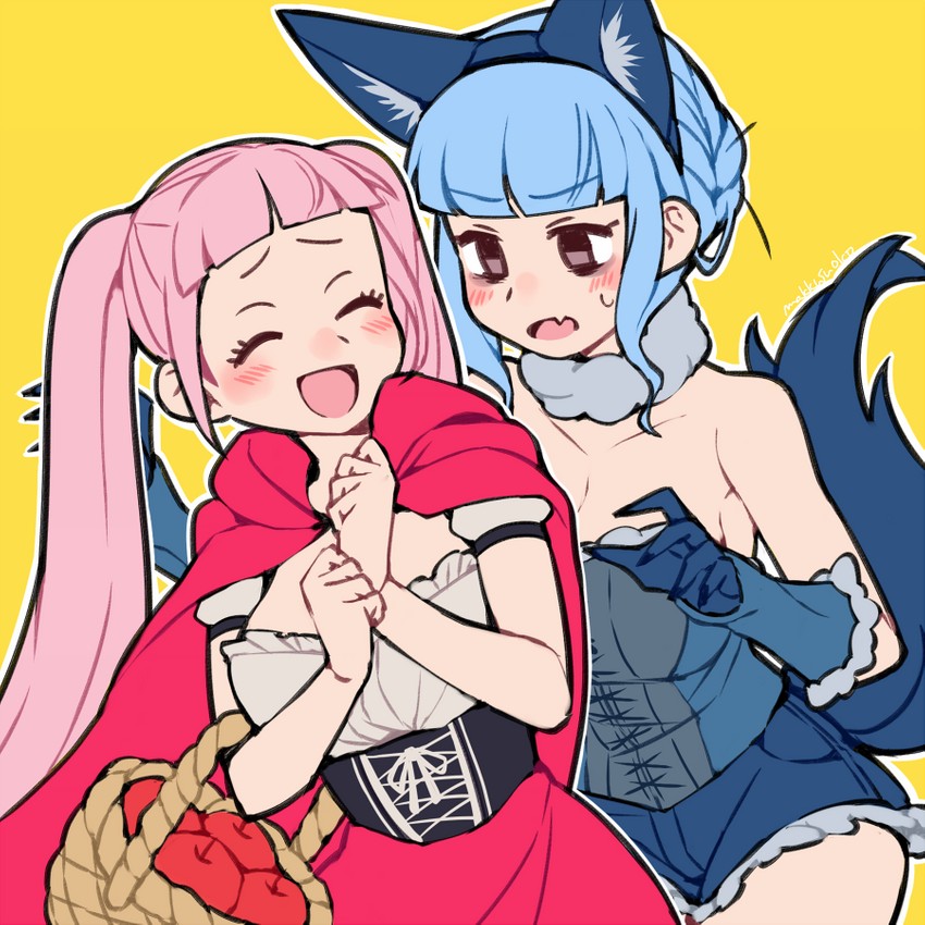 2girls alternate_costume big_bad_wolf_(cosplay) blush corset cute do_m_kaeru fire_emblem fire_emblem:_three_houses fur_collar fur_gloves halloween hilda_valentine_goneril little_red_riding_hood_(cosplay) marianne_von_edmund nintendo shorts smile source_larger wholesome wolf_ears wolf_tail yuri