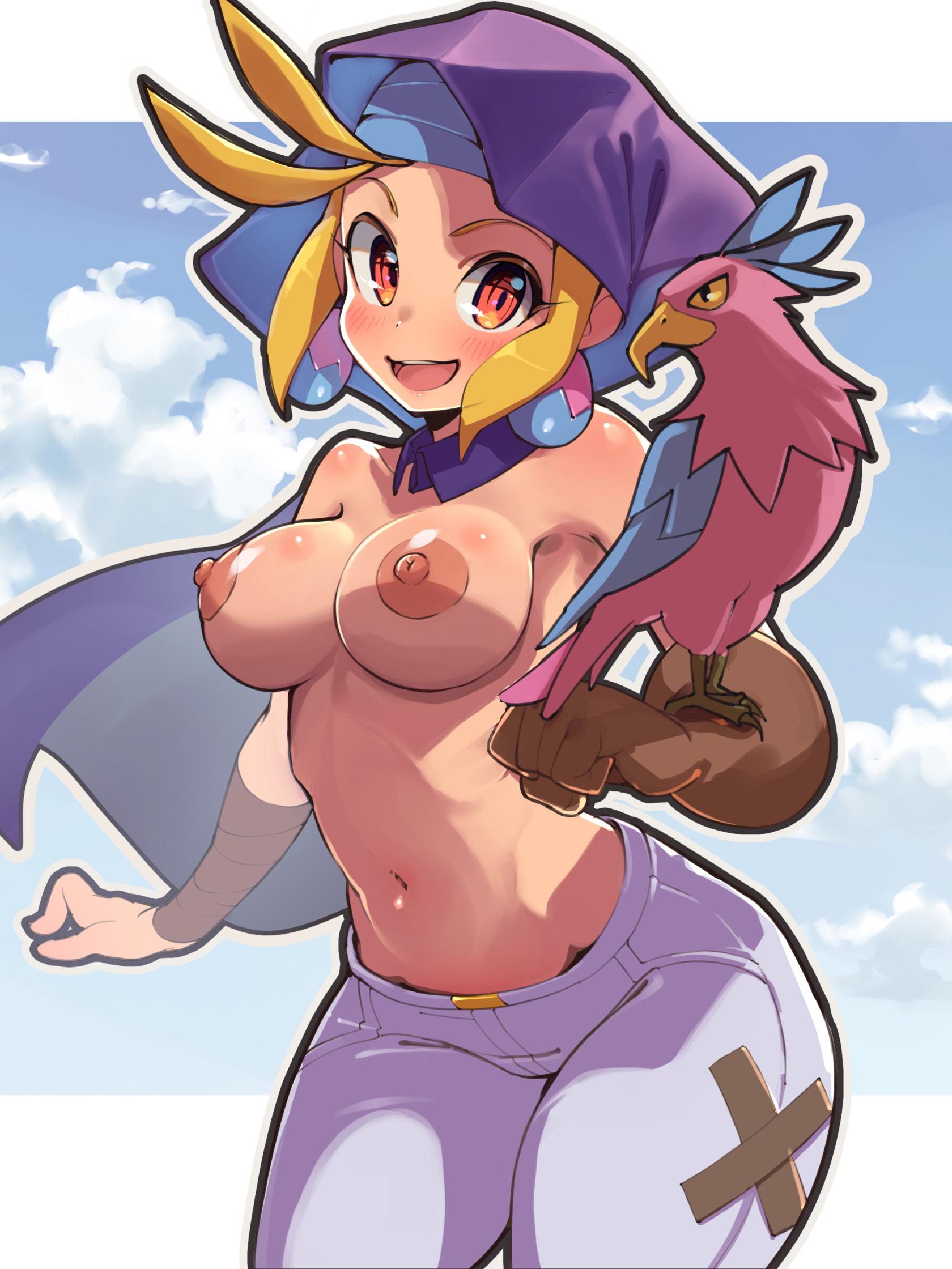 1girls, big breasts, blonde hair, breasts, cloak, eagle, edit, female, female only, life is pi, one eye closed, shantae, sky (shantae), smile, solo, solo female, third-party edit, topless, wayforward