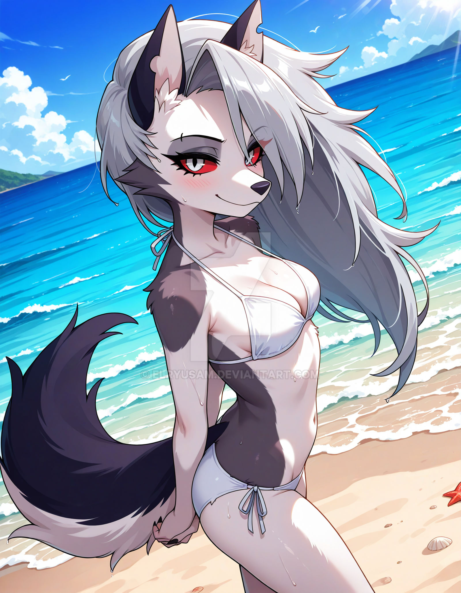 2025, ai generated, beach background, belly, bikini, deviantart, elryusam, female only, furry ears, furry female, furry only, furry tail, hands behind back, helluva boss, legs, looking at viewer, loona (helluva boss), sea background, smile at viewer, smiling at viewer, teenage girl, tummy, vivziepop, wet body, wet face, wet fur, wet hair, wet head, white bikini, wolf ears, wolf girl, wolf only, wolf tail, youtube