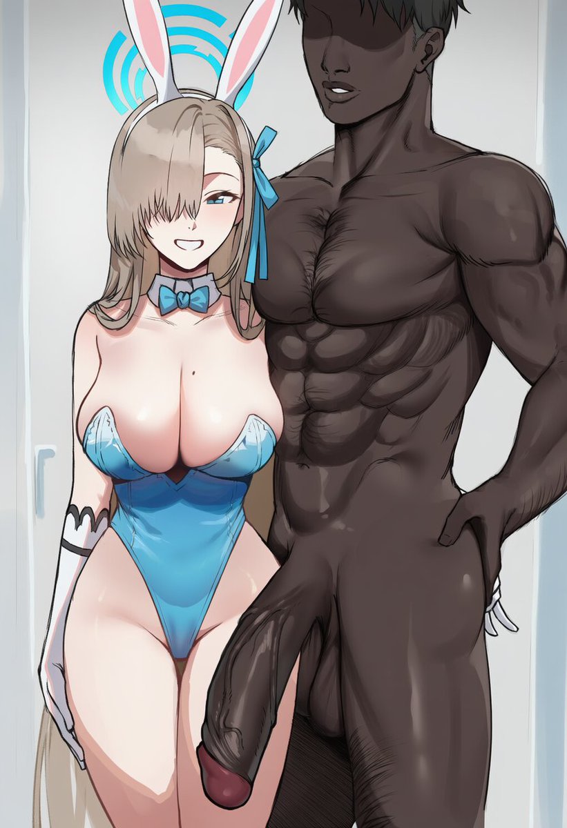 abs, ai generated, asuna (blue archive), blonde hair, blue archive, blue eyes, bunny ears, bunny girl, bunnysuit, dark skin, dark-skinned male, gloves, interracial, large breasts, looking at viewer, muscular male, netorare, smiling