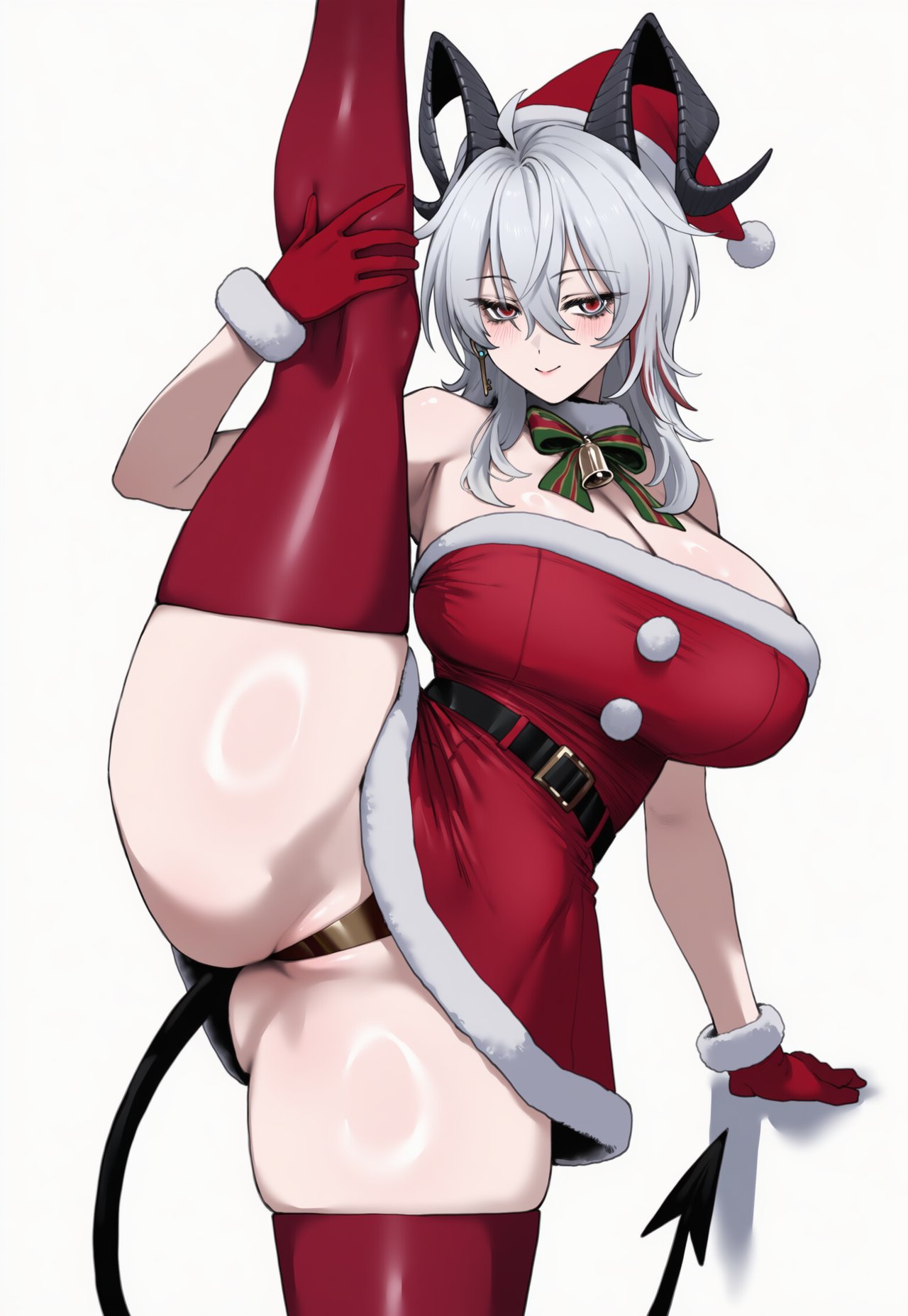 1girls, ahoge, ai generated, ass, belt, black panties, blush, breasts, demo, demon, demon girl, demon horns, demon tail, dress, female, fur trim, gloves, hair between eyes, huge breasts, long hair, looking at viewer, panties, red gloves, red legwear, short dress, silver hair, smile, solo, split, strapless, striped, tail, thighhighs, thighs, truck kun, truck-kun art, underwear, wuthering waves, zani (wuthering waves)