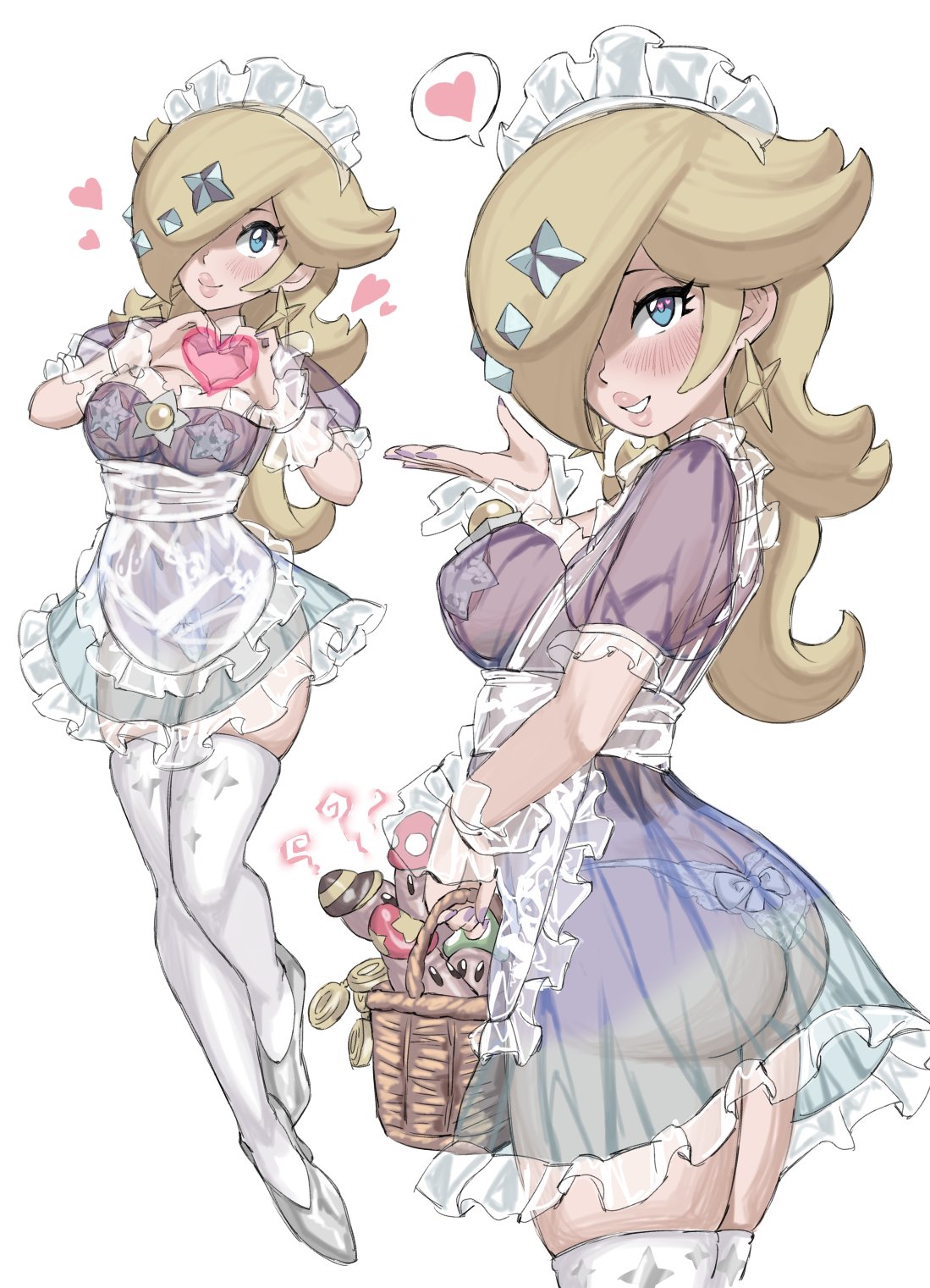 1girls, alternate version available, areolae, areolae visible through clothing, ass, basket, big ass, big breasts, blonde hair, blue dress, blue eyes, blush, breasts, close-up, female, female only, footwear, full body, gloves, hair, hair ornament, handwear, heart, heart hands, heart-shaped pupils, hearts around head, heels, high heels, hips, holding object, legwear, lips, long hair, maid, maid headdress, maid outfit, maid uniform, mario (series), medium breasts, nail polish, nails, nintendo, panties, parted lips, pasties, princess rosalina, purple nail polish, purple nails, see-through, see-through clothing, side view, sideboob, skirt, smile, solo, solo female, speech bubble, spoken heart, star pasties, thick lips, thighhighs, thighs, transparent clothing, white background, white gloves, white panties, white pasties, white thighhighs, yamino ekakinin