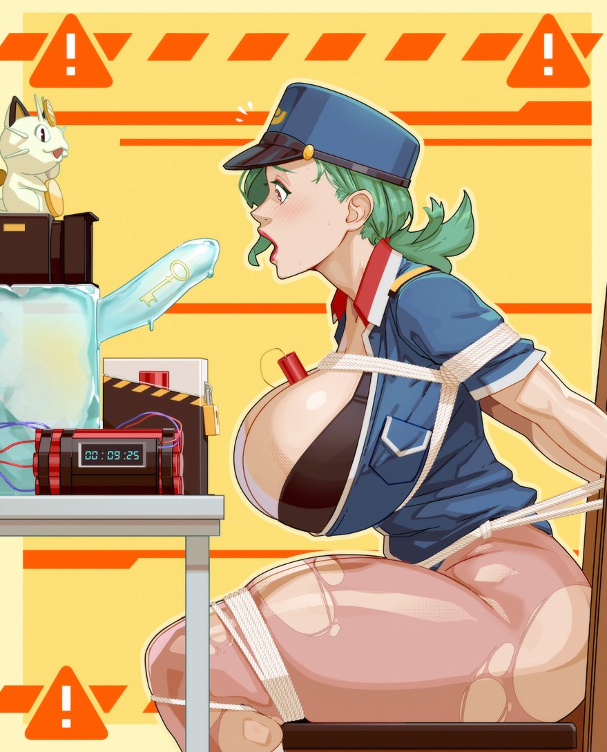 alternate breast size, ice, imminent oral, materclaws, mature female, meowth, officer jenny (pokemon), open mouth, pokemon, police, police uniform, tagme, tied up, torn clothes, torn pantyhose
