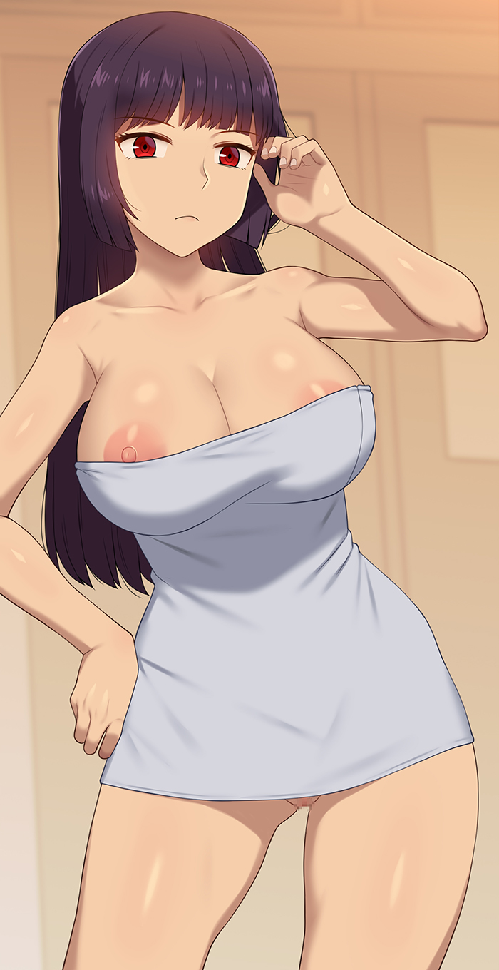 1girls, alternate breast size, breasts, censored, cleavage, curvy, female, female focus, female only, highres, huge breasts, large breasts, long hair, looking at viewer, nipple slip, nipples, nt00, please don't bully me, nagatoro, pose, president (nagatoro), purple hair, red eyes, sana sunomiya, simple background, solo, thin waist, towel, wide hips