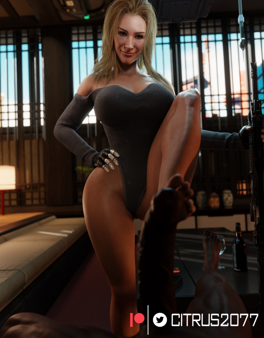 3d, alt cunningham, blonde female, blonde hair, cd projekt red, citrus2077, cyberpunk 2077, dark skin, dark-skinned male, erect penis, erection, feet, female, female focus, foot focus, footjob, interracial, light-skinned female, penis, pov, soles