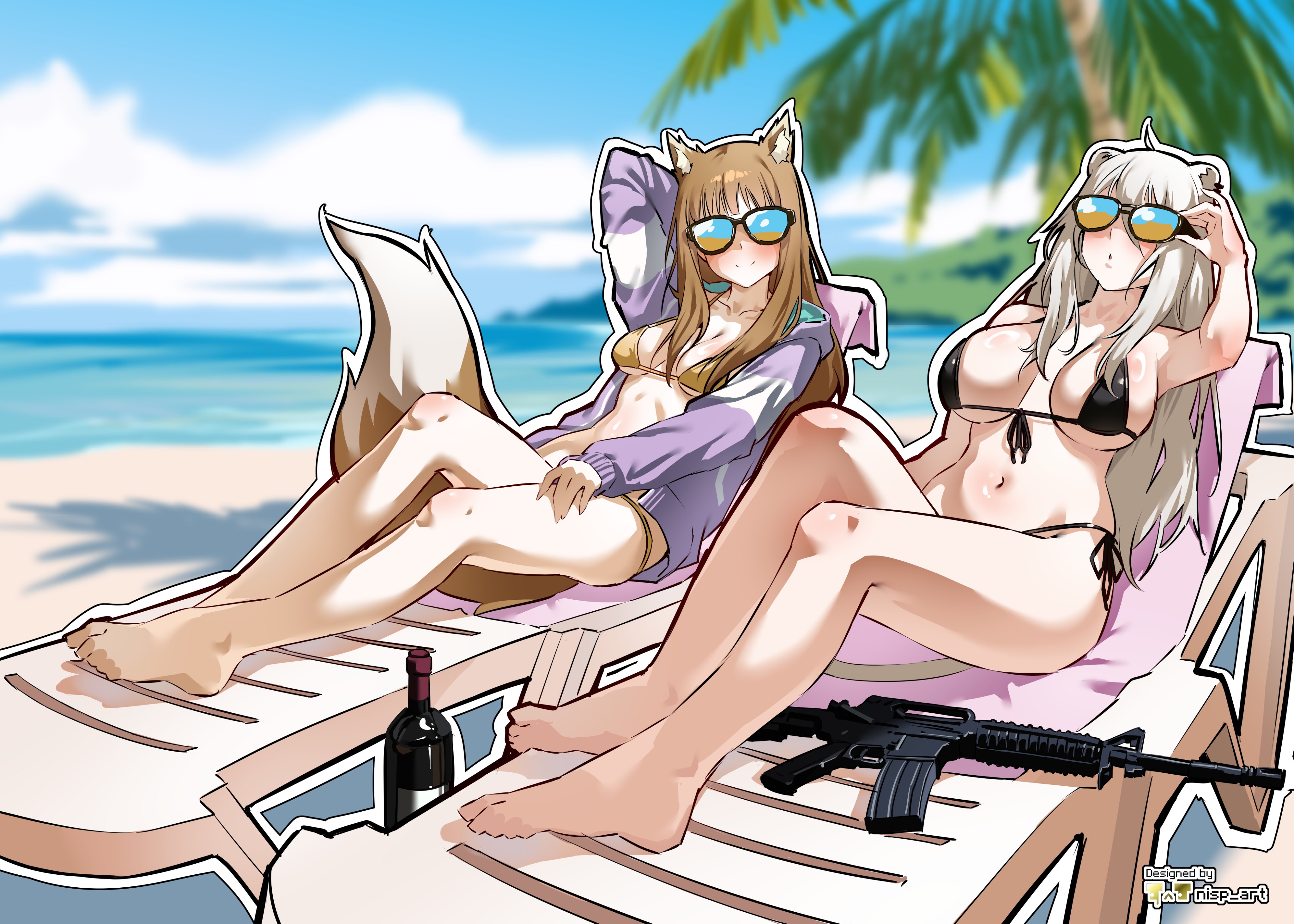 2girls, absurdres, animal ear fluff, animal ears, arm up, artist logo, artist name, assault rifle, barefoot, beach, bikini, black bikini, blurry, blurry background, blush, bottle, breasts, breasts apart, brown bikini, brown hair, day, front-tie bikini top, front-tie top, full body, grey hair, gun, highres, holo, hololive, hood, hooded jacket, jacket, large breasts, legs, lion ears, lion girl, logo, looking at viewer, m4 carbine, micro bikini, multiple girls, navel, nisp art, open clothes, open jacket, outdoors, outline, palm tree, purple jacket, rifle, shishiro botan, side-tie bikini bottom, smile, spice and wolf, sunglasses, swimsuit, toes, tree, underboob, virtual youtuber, weapon, white outline, wine bottle, wolf ears, wolf girl