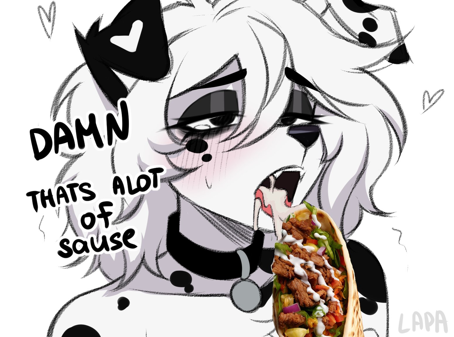 1girls, 1lady, 1woman, blush, collar, cropped, cropped image, dalmatian, dog, dog ears, dog girl, female, food, furry, furry female, furry only, lapalilpup, minor spelling mistake, patreon, patreon exclusive, realistic food, sauce, tagme