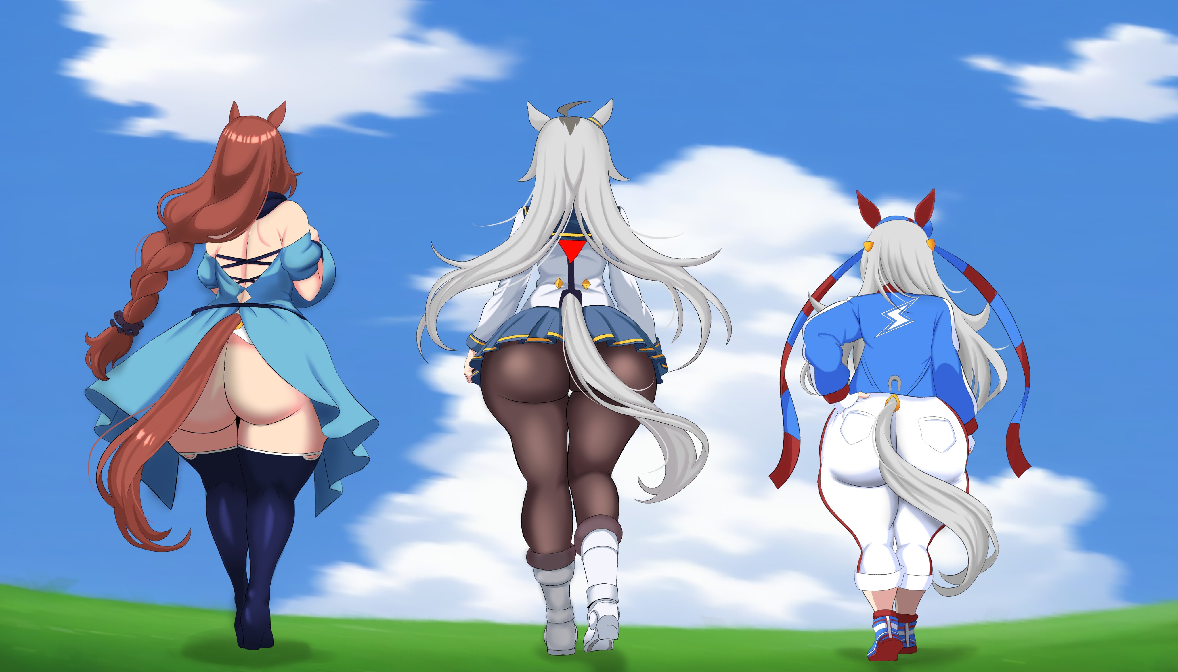 3girls, ahoge, ass, ass chart, ass focus, bare shoulders, boots, braid, brown hair, chart, female, female only, grey hair, hairband, hand on hip, heel boots, heels, high heel boots, horse ears, horse girl, horse tail, lighting, long hair, miki miki, oguri cap (umamusume), partially clothed, rear view, scarf, super creek (murmuring stream) (umamusume), super creek (umamusume), tail, tamamo cross (umamusume), umamusume