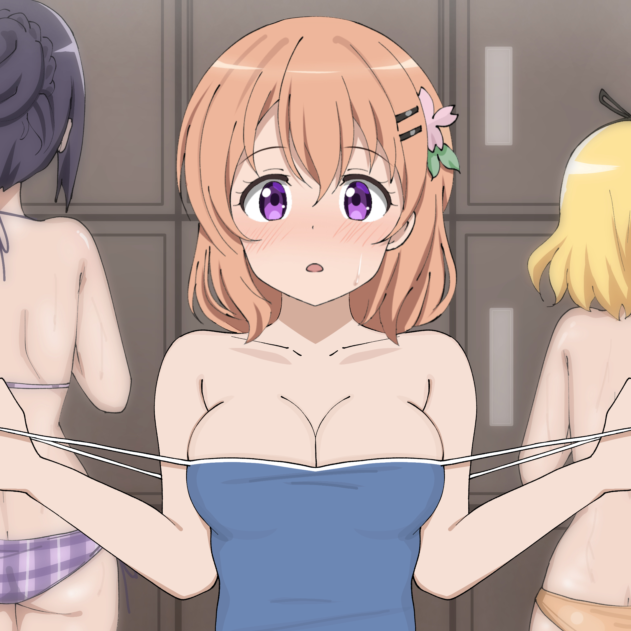 3girls, alternate breast size (larger), ass, bikini, bikini bottom only, black hair, black ribbon, blonde hair, blue one-piece swimsuit, blue school swimsuit, blush, braid, breasts, brown hair, cherry blossoms, cleavage, collarbone, crown braid, female, female only, flower, from behind, gochuumon wa usagi desu ka?, hair bun, hair flower, hair ornament, hair ribbon, hairband, hairclip, hoto cocoa, kirima syaro, large breasts, locker, locker room, looking at viewer, multiple girls, one-piece swimsuit, open mouth, orange bikini, pink flower, plaid bikini, plaid clothes, poa mellhen, purple bikini, purple eyes, ribbon, school swimsuit, short hair, standing, strap pull, swimsuit, tedeza rize, topless female, undressing, upper body, wet