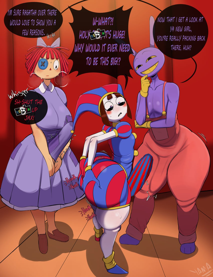 1boy, 2futas, big ass, big butt, bottom heavy, breasts, bulge under clothes, clothed, clothing, dialogue, edited, erection, erection under clothes, femboy, fully clothed, futanari, glitch productions, gooseworx, huge ass, huge cock, humanoid, humanoid penis, hung femboy, hung trap, jax (the amazing digital circus), jester, male, nervous, penis, pomni (the amazing digital circus), rabbit, ragatha (the amazing digital circus), ragdoll, short hair, spreading ass, standing, sweating, teasing, text, text bubble, the amazing digital circus, thicc, thick thighs, trying to resist, wide eyed, wide hips, wide thighs, yamathegod