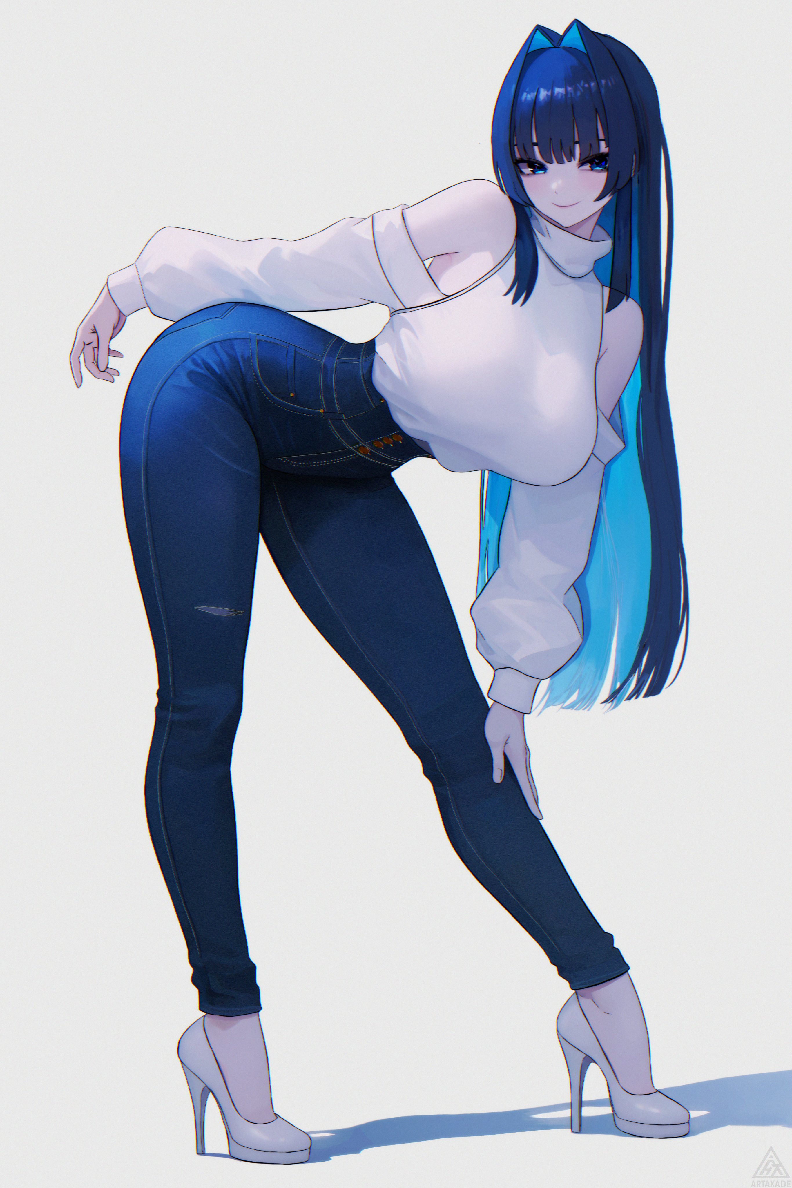 1girls, absurdres, ass, blue eyes, blue hair, blue pants, breasts, closed mouth, colored inner hair, denim, female, female only, full body, hair intakes, hamaxade, high-waist pants, highres, hololive, hololive english, jeans, large breasts, long hair, multicolored hair, ouro kronii, pants, simple background, smile, solo, virtual youtuber, white background