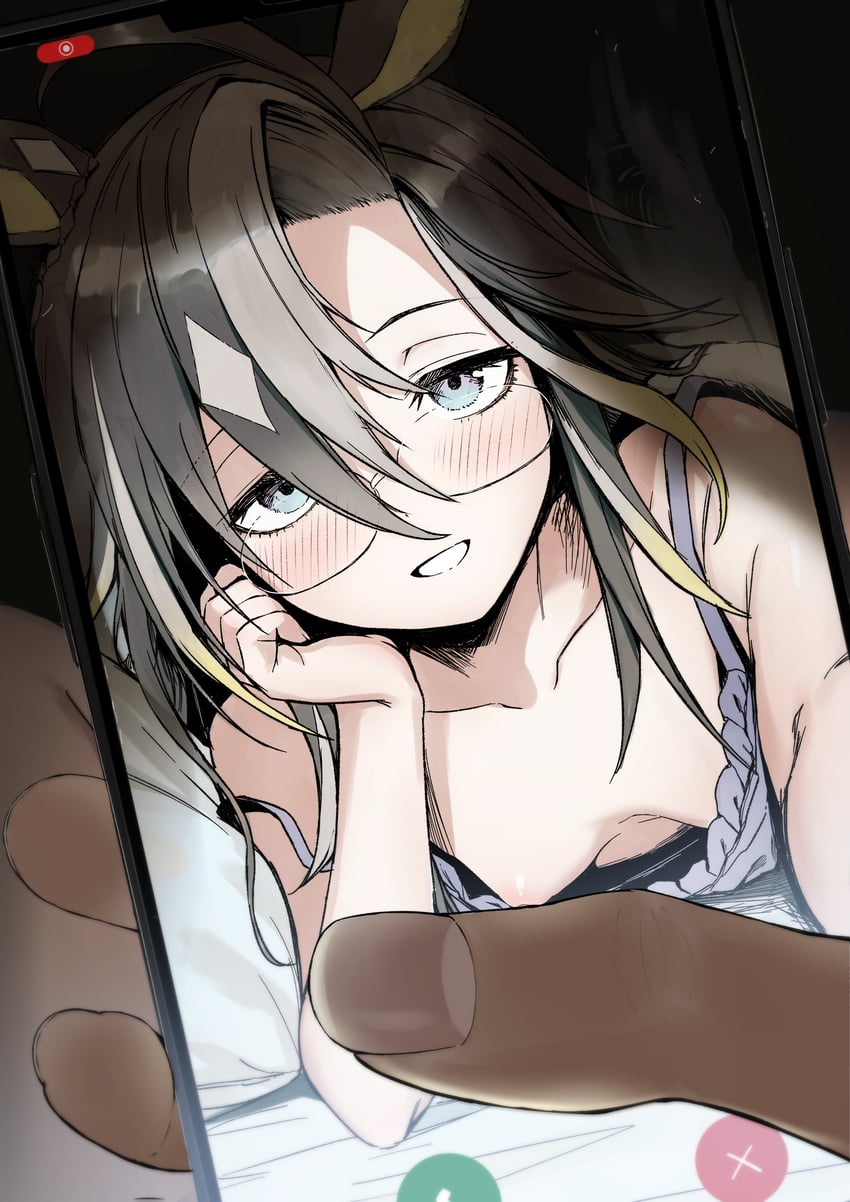animal ears, blush, clothing, dream journey (umamusume), female, glasses, gray hair, grey hair, holding phone, horse ears, horse girl, horse tail, phone, recording, small breasts, smile, tail, umamusume, umamusume pretty derby, user mafx5777, video call