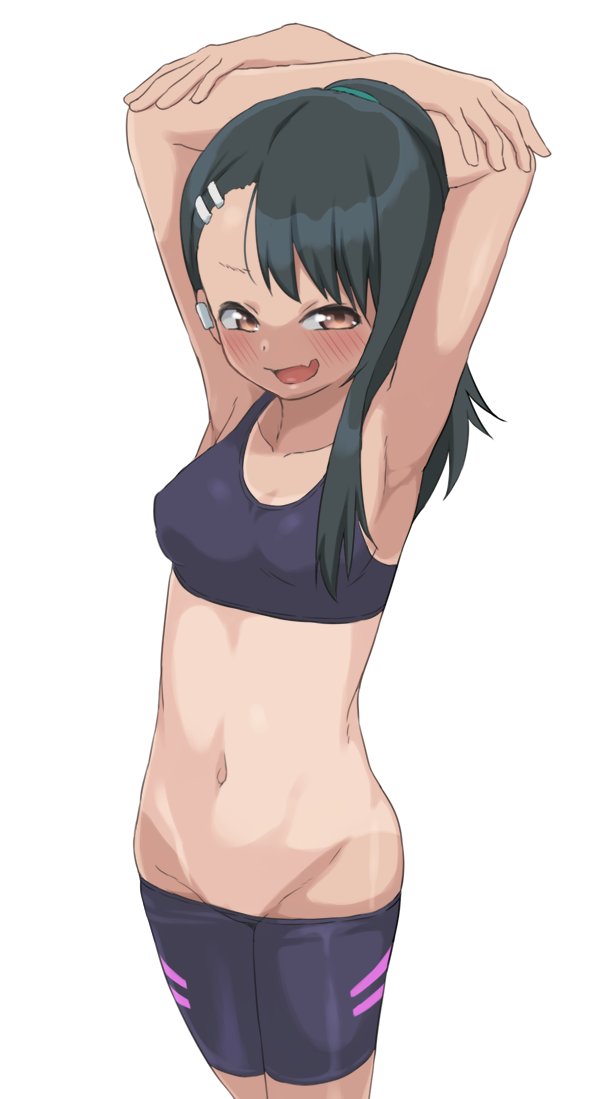 1girls athletic_female bike_shorts black_hair blush breasts brown_eyes bubukka cleavage clothed clothing female_focus female_only hayase_nagatoro hi_res long_hair looking_at_viewer navel please_don't_bully_me,_nagatoro pose revealing_clothes simple_background small_breasts smile solo spats sports_bra tan-skinned_female tanline tanned white_background