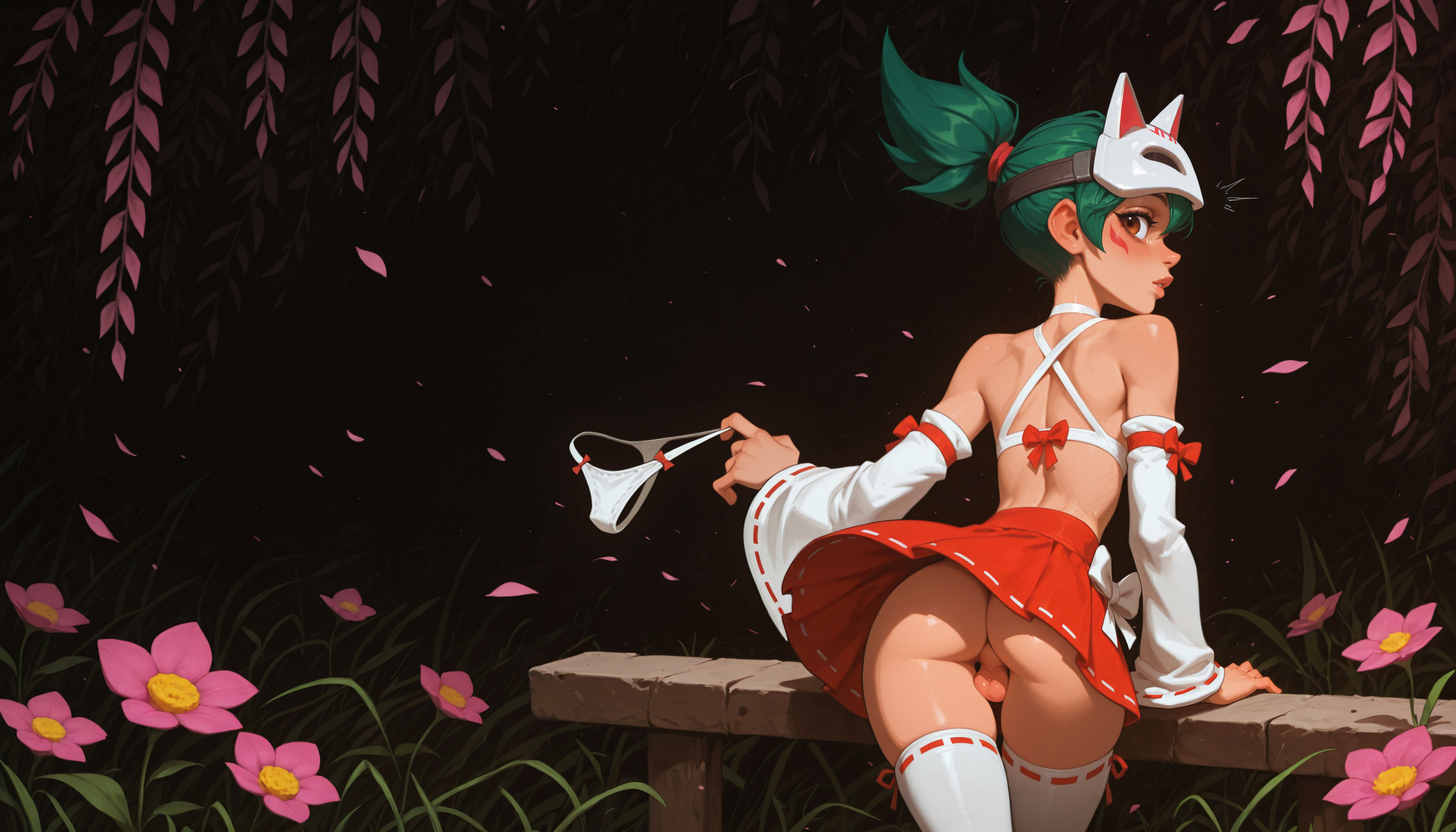 1boy, 4k, absurd res, ai generated, animal mask, anus, arm support, ass, back, bare shoulders, blush, bow, bow legwear, brown eyes, choker, clothes lift, clothing, crossdressing, detached sleeves, femboy, flower, fox mask, from behind, genderswap (ftm), green hair, hakama, hakama short skirt, hakama skirt, halterneck, hi res, high ponytail, high resolution, highres, holding, holding clothes, holding object, holding panties, holding underwear, illustrious (stable diffusion), jaja ai, japanese clothes, kiriko (overwatch), landscape, leaning forward, legwear, looking at viewer, looking back, male, male kiriko, mask, mask on head, miniskirt, narrow waist, no panties, nopan, otoko no ko, outdoors, overwatch, overwatch 2, panties, pantsu, penis, perineum, petals, pink flower, pleated skirt, ponytail, red bow, red hakama, red skirt, ribbon trim, ribbon-trimmed legwear, ribbon-trimmed skirt, ribbon-trimmed sleeves, rule 63, self upload, short ponytail, skirt, skirt lift, slender waist, solo, stable diffusion, standing, testicles, thigh gap, thighhighs, thighs, tied hair, traditional clothes, trap, tucked penis, uncensored, underwear, unworn panties, very high resolution, wafuku, wai-nsfw-illustrious-sdxl, wallpaper, white legwear, white panties, white sleeves, white thighhighs, white underwear, wide sleeves, wind, wind lift