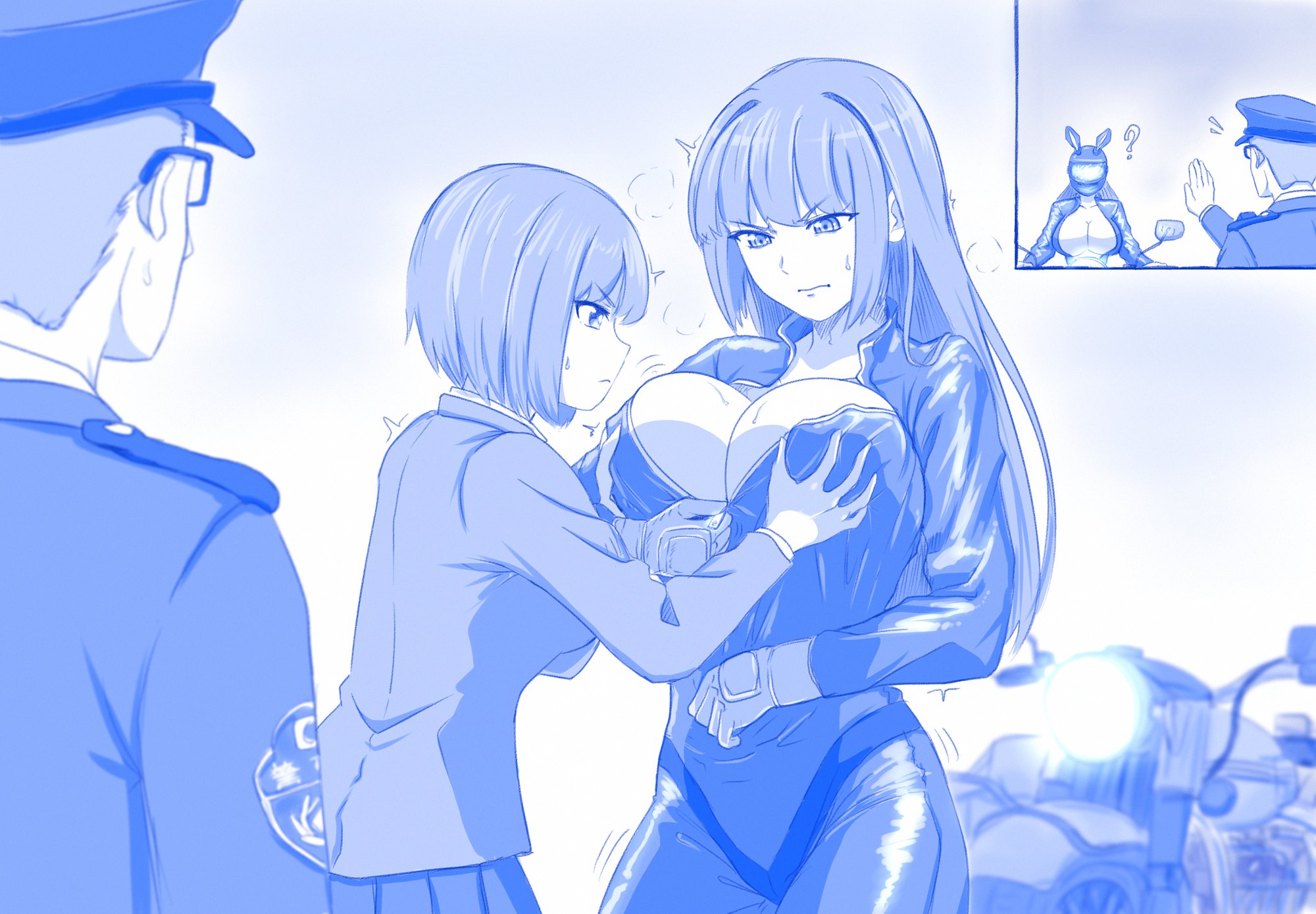1boy, 2021, 2girls, big breasts, bike helmet, biker, biker girl, bikesuit, blue theme, body difference, bodysuit, breasts, bunny ears, cleavage, clothed, clothing, cousins, female, funny, glasses, hana sunomiya, helmet, helmet with visor, inconvenient breasts, long hair, male, medium hair, monochrome, older female and younger female, please don't bully me, nagatoro, police, president (nagatoro), public, public nudity, revealing clothes, sana sunomiya, short hair, short hair female, simple background, skin tight, sweat, viperxtr, wardrobe malfunction, white background