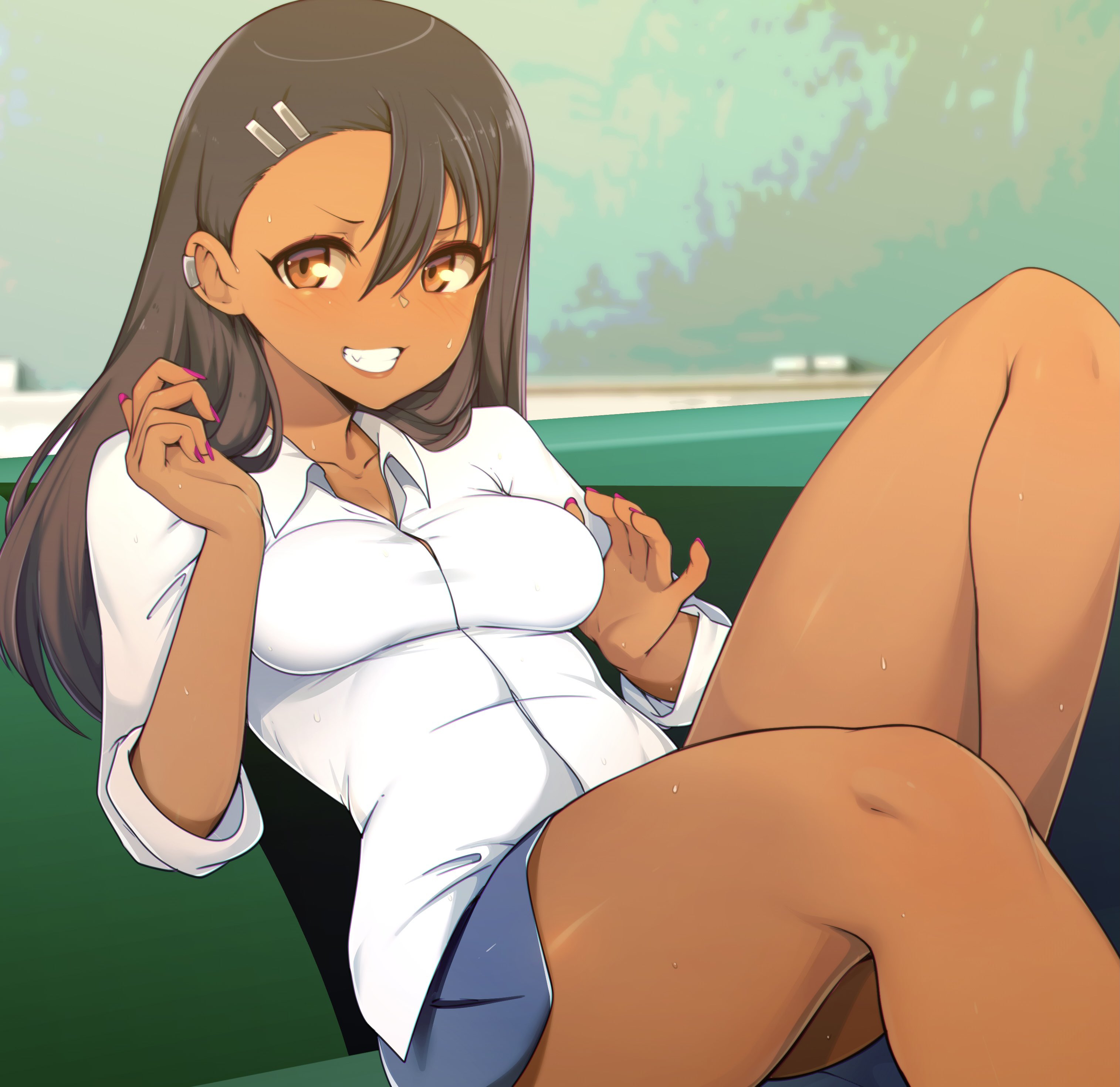 1girls, black hair, blush, breasts, brown eyes, cleavage, clothed, clothing, curvy, female, female focus, female only, hayase nagatoro, hi res, long hair, looking at viewer, medium breasts, please don't bully me, nagatoro, pose, revealing clothes, simple background, sitting, slugbox, smile, solo, wide hips