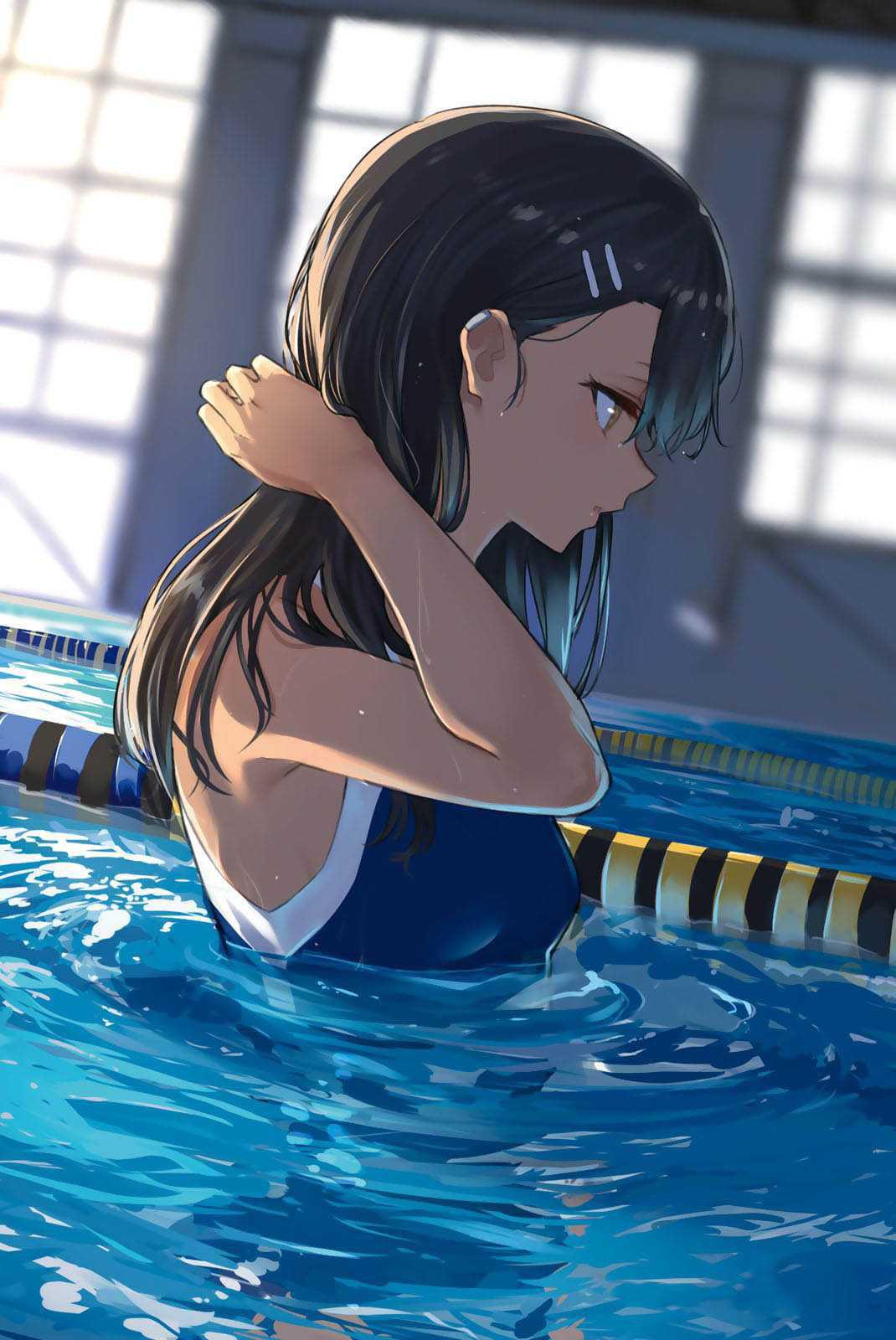 1girls athletic_female black_hair blush breasts brown_eyes clothed clothing female_focus female_only hayase_nagatoro hi_res in_water isshiki_(ffmania7) long_hair one_piece_swimsuit please_don't_bully_me,_nagatoro pool pose revealing_clothes sideboob simple_background small_breasts smile solo swimsuit tan-skinned_female