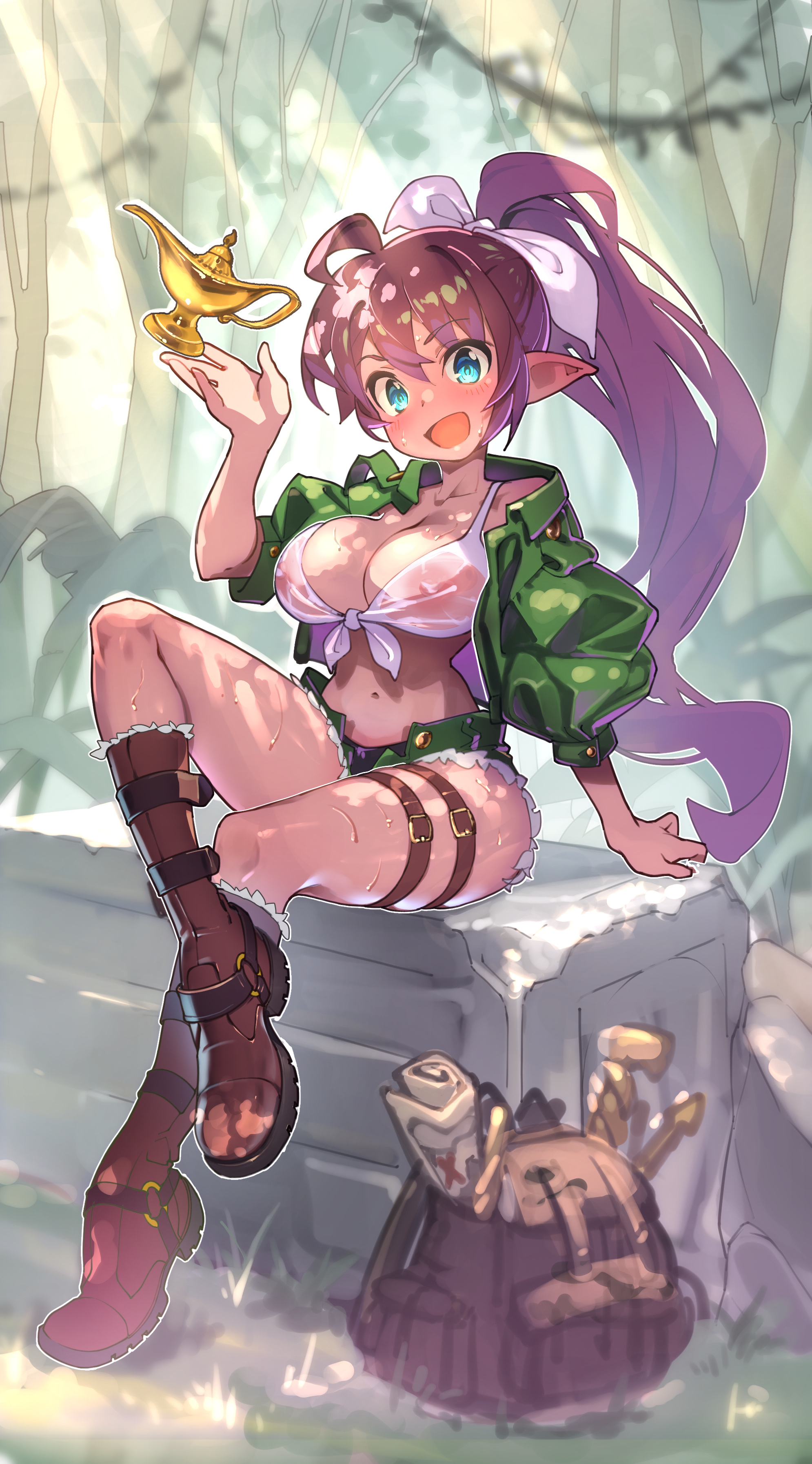 1girls, alternate costume, bag, blue eyes, blush, boots, bush, dark skin, dark-skinned female, edit, female, green jacket, jacket, jungle, lamp, life is pi, long hair, looking at viewer, outdoors, pointy ears, ponytail, purple hair, see-through clothing, shantae, shantae (character), shantae (relic hunter), shantae advance: risky revolution, sitting, smile, solo, third-party edit, very long hair, wayforward