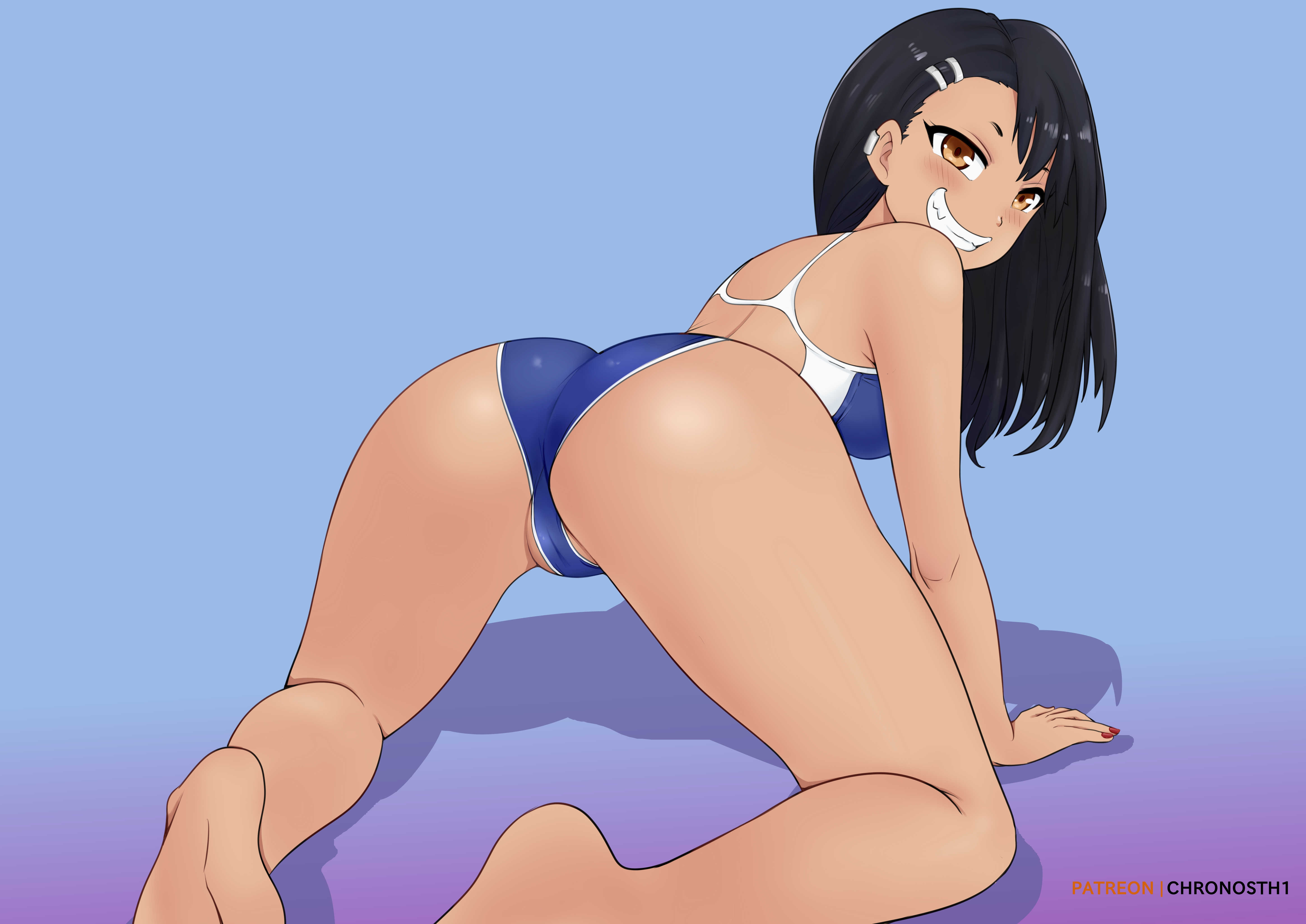 1girls, all fours, ass, black hair, blush, breasts, brown eyes, cameltoe, chronosth1, clothed, clothing, female, female focus, female only, gummslime, hayase nagatoro, hi res, long hair, looking at viewer, looking back, please don't bully me, nagatoro, pose, pussy, revealing clothes, simple background, small breasts, smile, solo, spread legs, watermark