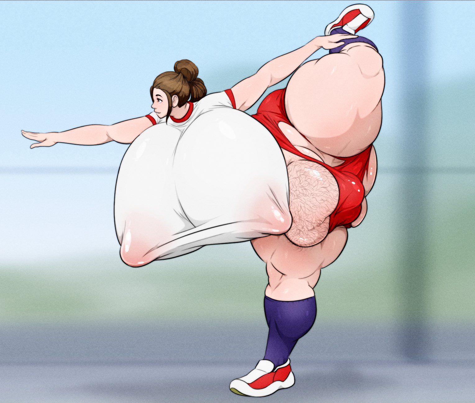 alison (ashvenit), ashvenit, brown hair, buruma, casual hyper, covered nipples, fat, fat legs, gym uniform, hyper pussy, no bra, no bra under clothes, one leg up, pubic hair, see-through clothing, shoes, socks, stretching, thick thighs, torn clothes