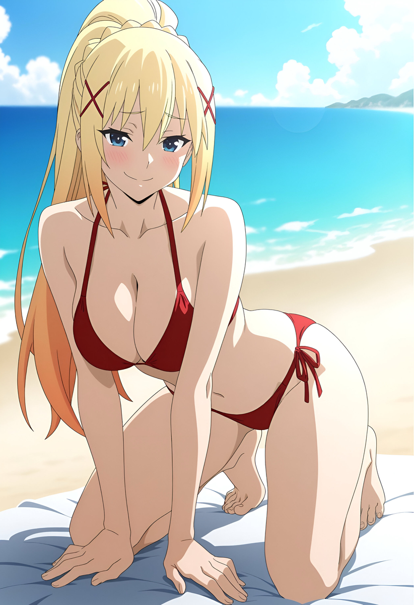 1girls, ai generated, bikini, blonde hair, clothed, clothed female, darkness (konosuba), duderu vanilla, female, female only, halter bikini, halterneck, kneeling, kono subarashii sekai ni shukufuku wo!, red bikini, solo, swimsuit
