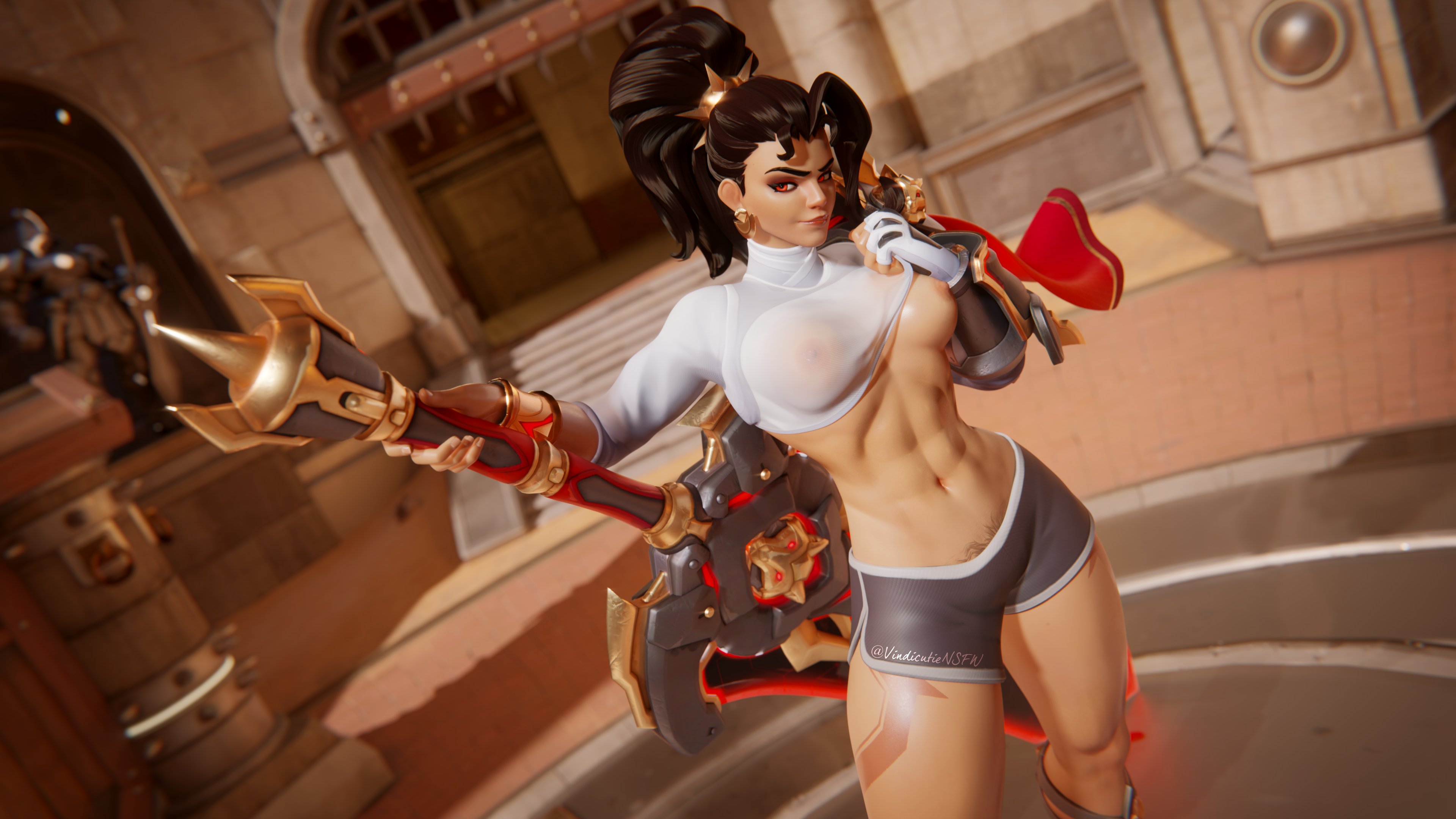 1girls, 3d, abs, belly button, big breasts, blender, blender (software), blender cycles, breasts, dark skin, dark-skinned female, earrings, female, female focus, fit female, italian, italian female, lifting shirt, looking at viewer, muscular, muscular female, nipples, overwatch, overwatch 2, ponytail, pubic hair, smile, solo female, solo focus, sweaty shirt, sword, tagme, thick thighs, thighs, vendetta, video games, vindicate, watermark, white shirt