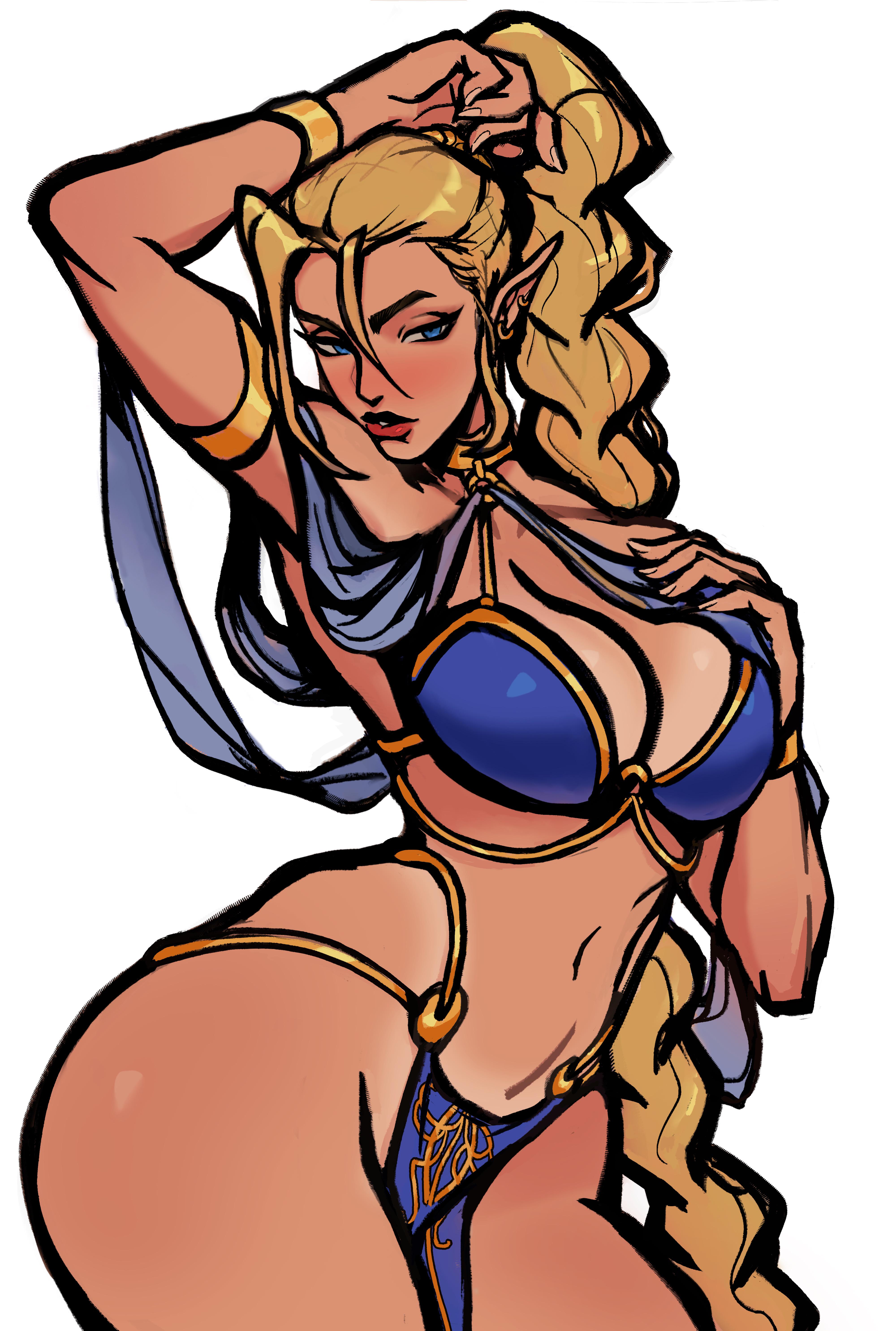 belly dancer, belly dancer outfit, blonde hair, blue eyes, braided hair, cleavage, elf, elf ears, enslaved royal, exposed hips, female, female only, femsub, harem girl, harem outfit, hip cleavage, large breasts, loincloth, long hair, original, original character, pelvic curtain, peterchai58, pointy ears, princess of betrayal, slave, slave collar, slave girl, slave outfit, submissive female