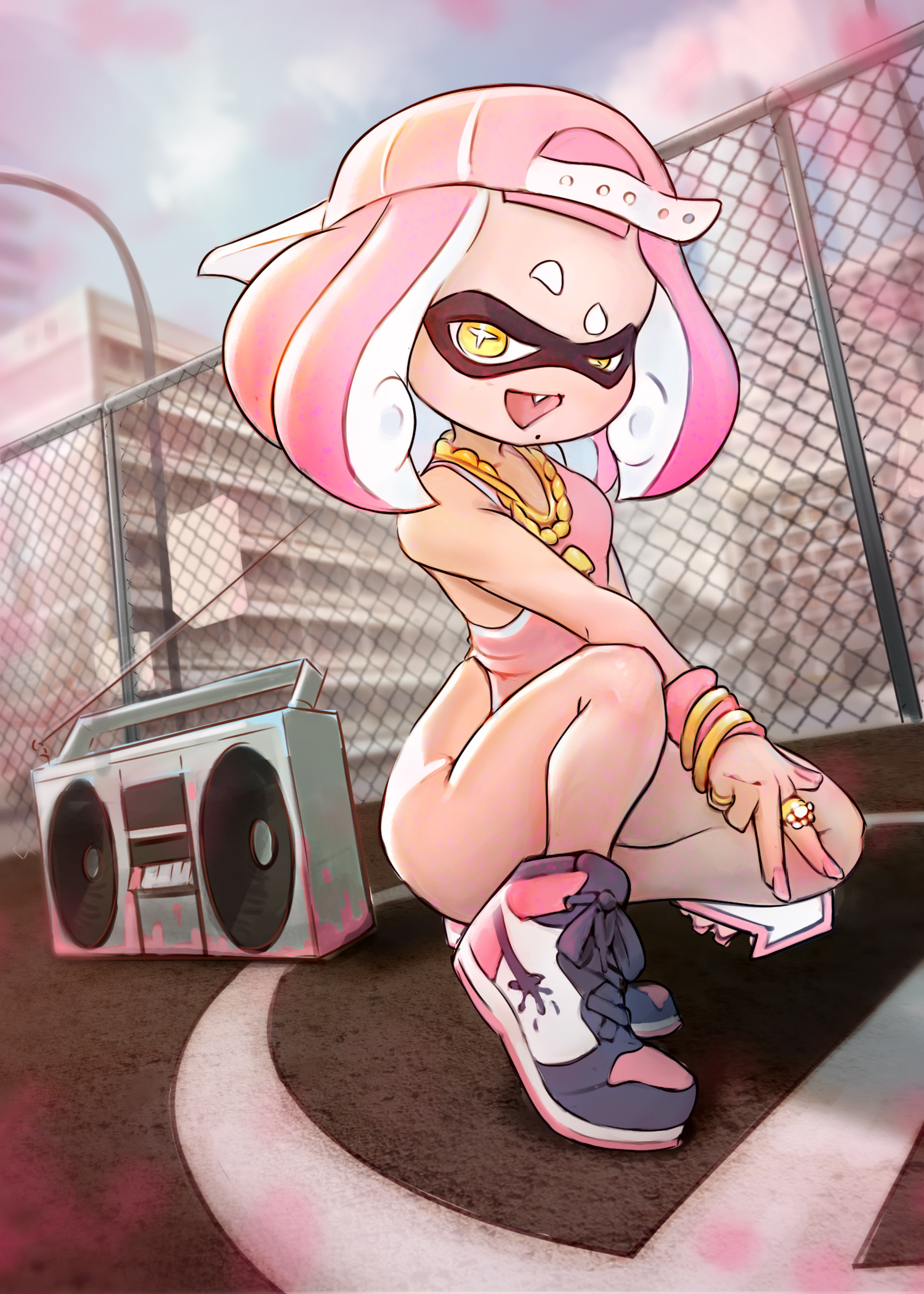 1girls, blackingyourwaifu, cap, clothing, female, female only, inkling, inkling girl, jukebox, non-human, pearl (splatoon), petite, pink hair, shoes, shortstack, splatoon, tentacle hair
