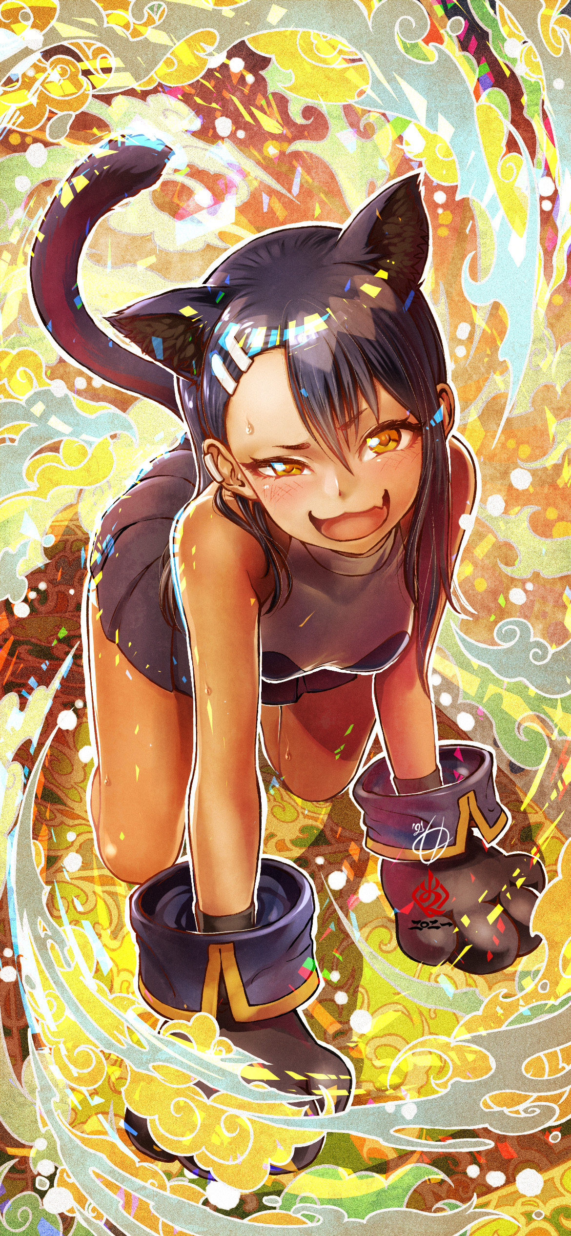1girls, all fours, amaguchi chiyoko, black hair, blush, breasts, brown eyes, cat ears, cat girl, cat tail, catgirl, cheerleader, cheerleader outfit, cheerleader uniform, clothed, clothing, costume, detailed background, female, female focus, female only, hayase nagatoro, hi res, long hair, looking at viewer, medium breasts, nekomimi, open mouth, please don't bully me, nagatoro, pose, revealing clothes, smile, solo