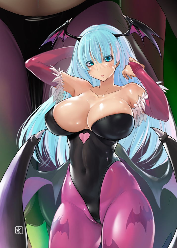 2017 armwear big_breasts black_clothing blue_eyes blue_hair blush breasts bridal_gauntlets cameltoe capcom clothing darkstalkers demon demon_humanoid female genital_outline genitals hair huge_breasts humanoid large_breasts morrigan_aensland murasaki_nyaa not_furry pattern_clothing plump_labia purple_clothing skinsuit solo succubus tight_clothing video_games winged_humanoid wings