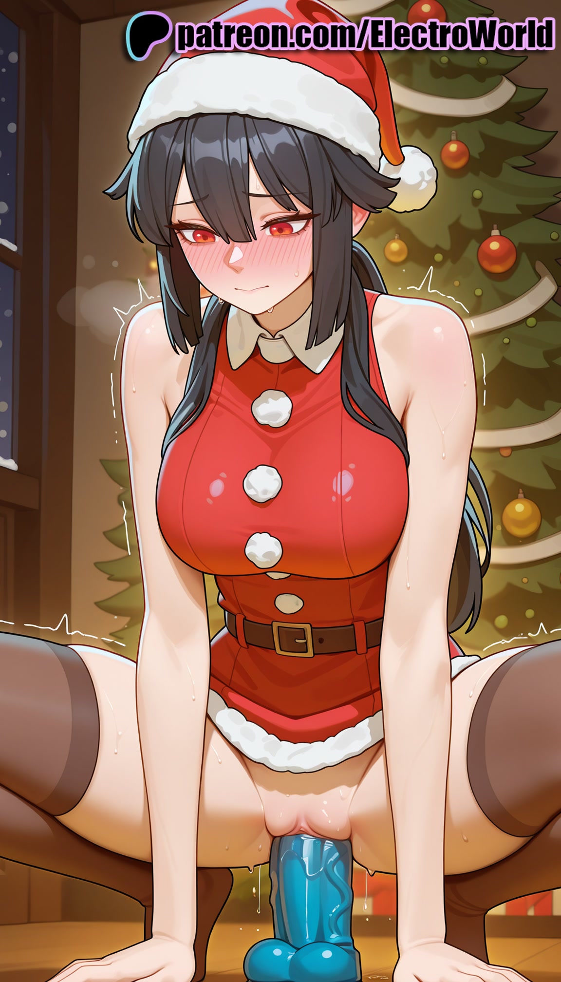 1girls, 2025, ai generated, antlers, aqua dildo, artist name, bell, belt, black hair, blush, candy cane, christmas, christmas lights, christmas ornaments, christmas tree, clitoral hood, dildo, dildo in pussy, dildo riding, dress, electroworld, exposed pussy, female, fireplace, fur trim, fur-trimmed dress, fur-trimmed headwear, gift, hat, hi res, high quality, high resolution, highres, holding sack, jasmine flamesworth, juicy pussy, legs apart, legs spread, merry christmas, motion lines, object insertion, open legs, patreon, patreon username, pussy, red dress, red eyes, red headwear, reindeer antlers, reindeer costume, riding dildo, sack, santa bikini, santa costume, santa dress, santa gloves, santa hat, solo, splayed legs, spread legs, squatting on dildo, stable diffusion, straddling, the beginning after the end, thighhighs, tight pussy, trembling, vagina, vaginal object insertion, vaginal penetration, veiny dildo, watermark