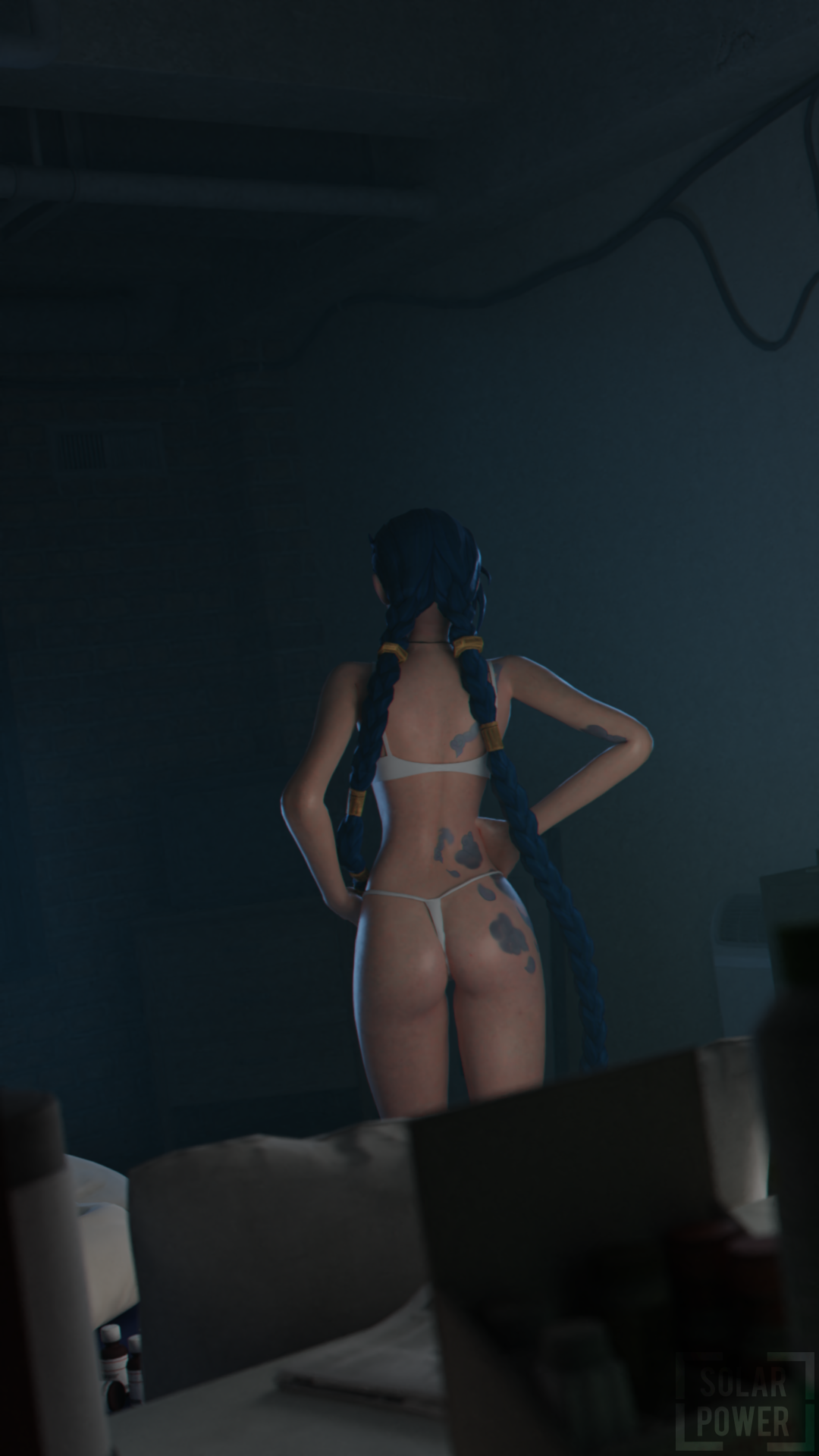 1girls, 3d, arcane, arcane jinx, arm tattoo, ass tattoo, blender, braided hair, choker, female, jinx (league of legends), league of legends, long hair, solar power, solo, solo female, tattoo, thong, underwear