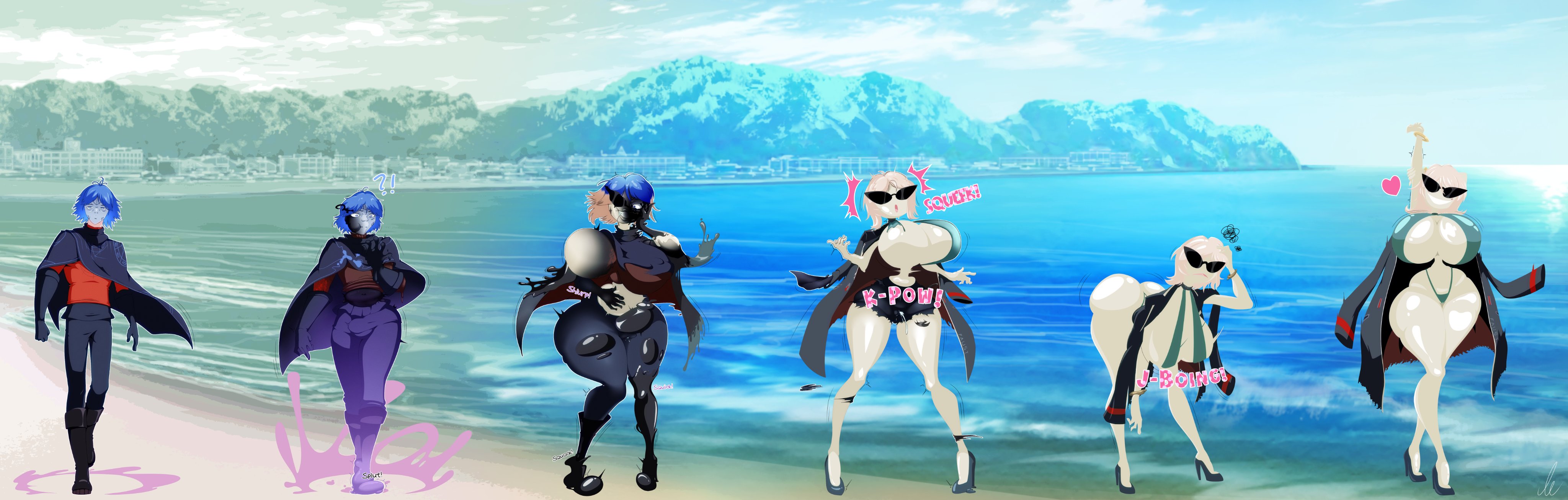 ass expansion, beach, bikini, brainwashing, breast expansion, breasts, character tf, doll, doll joints, dollification, drill hair, english, english text, faust (limbus company), green eyes, huge breasts, identity death, knick knack, limbus company, long hair, mental transformation, mind control, original character, project moon, summer, sunnification, sunny miami, tagme, text, tgyaker, transformation, transformation sequence, unaware, wide hips, wide thighs
